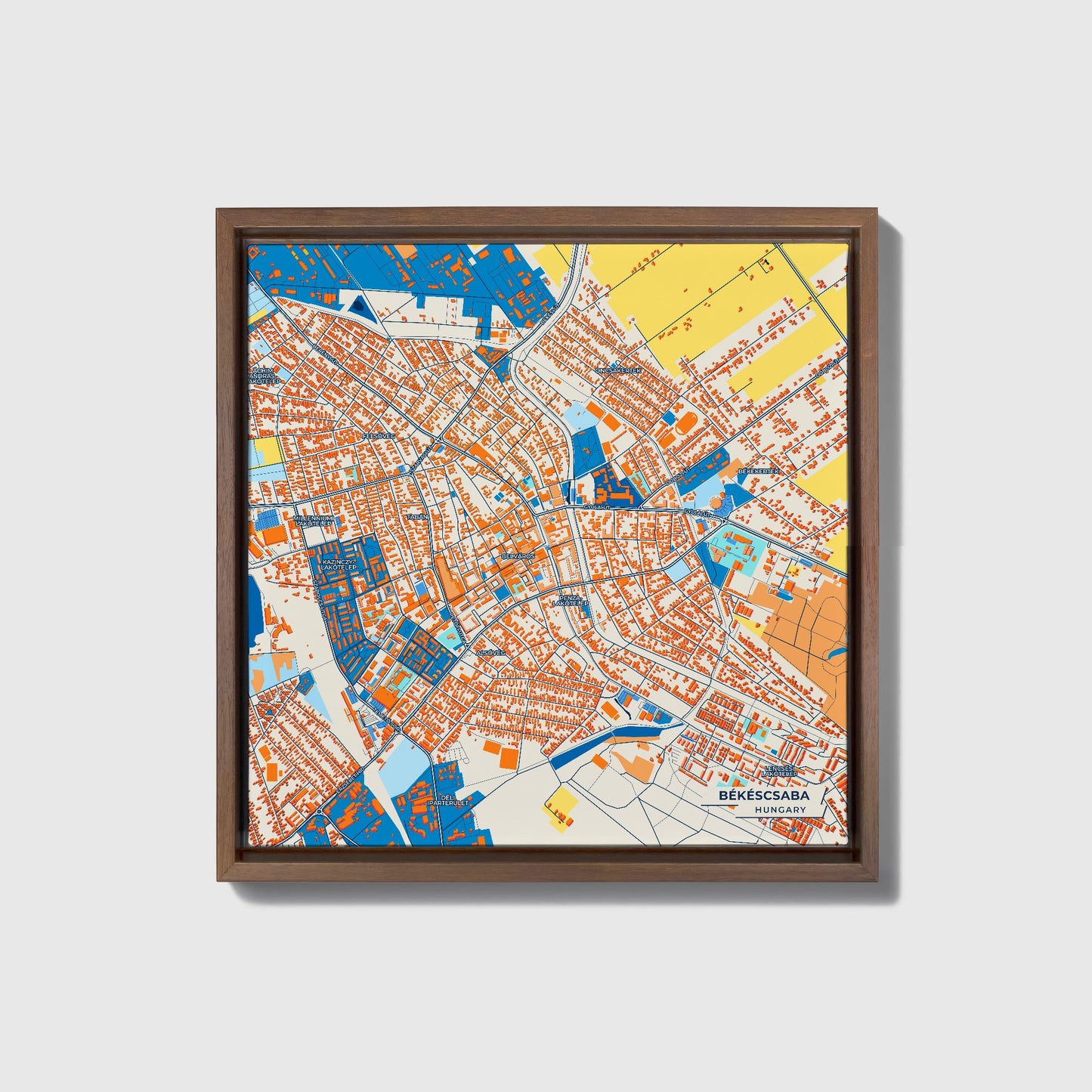 Békéscsaba Hungary Colorful City Map Canvas Print • Dark Wooden Framed