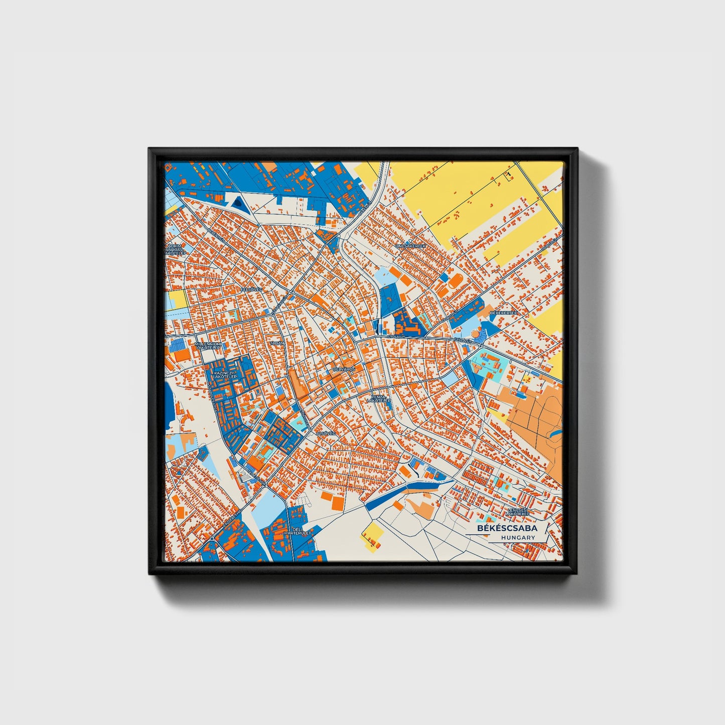 Békéscsaba Hungary Colorful City Map Canvas Print • Black Framed