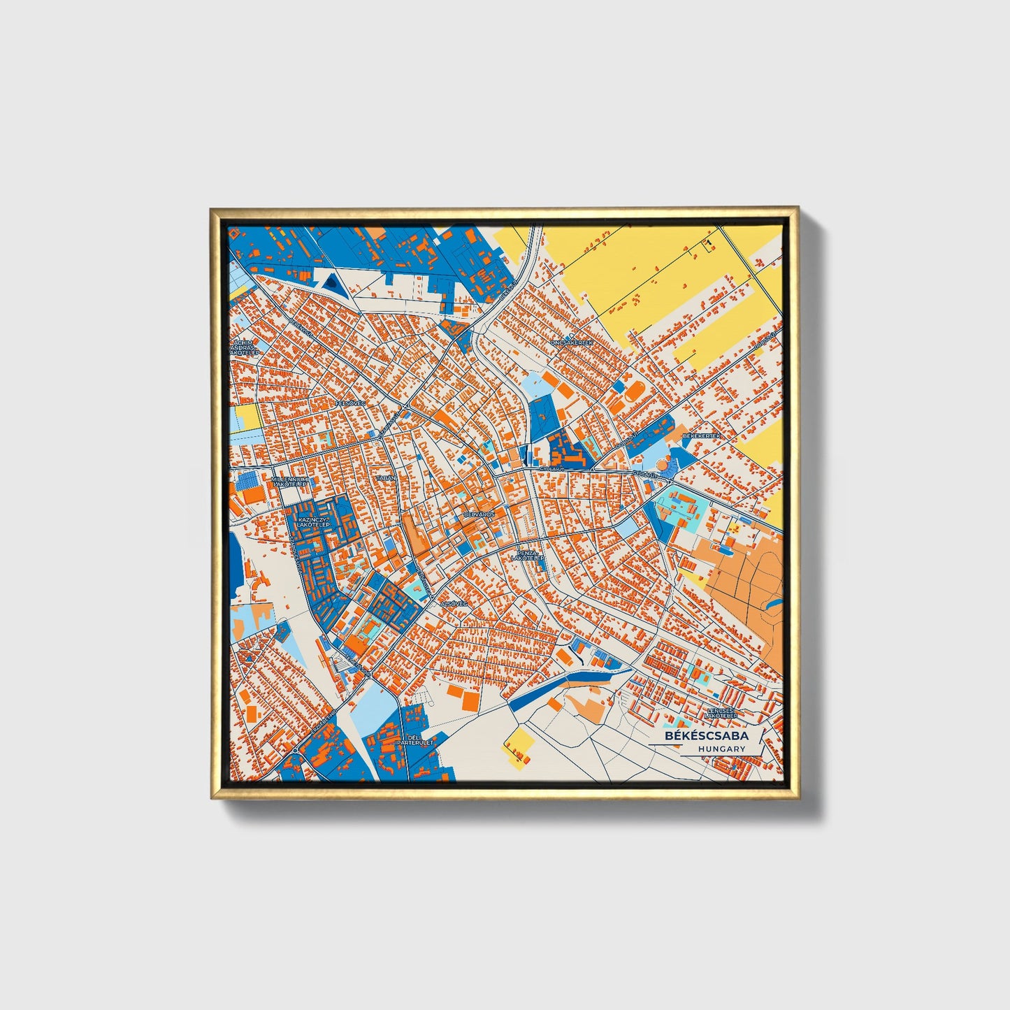 Békéscsaba Hungary Colorful City Map Canvas Print • Gold Framed