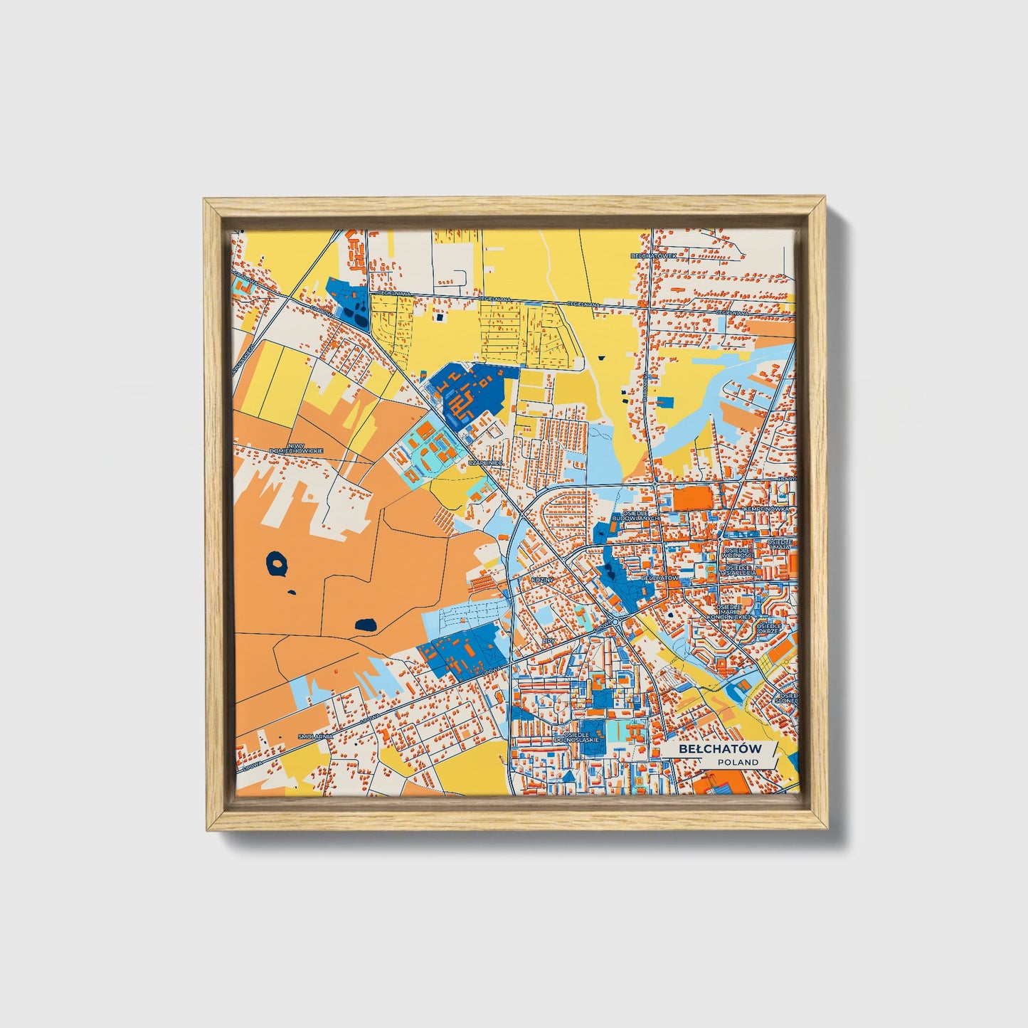 Bełchatów Poland Colorful City Map Canvas Print • Natural Wooden Framed