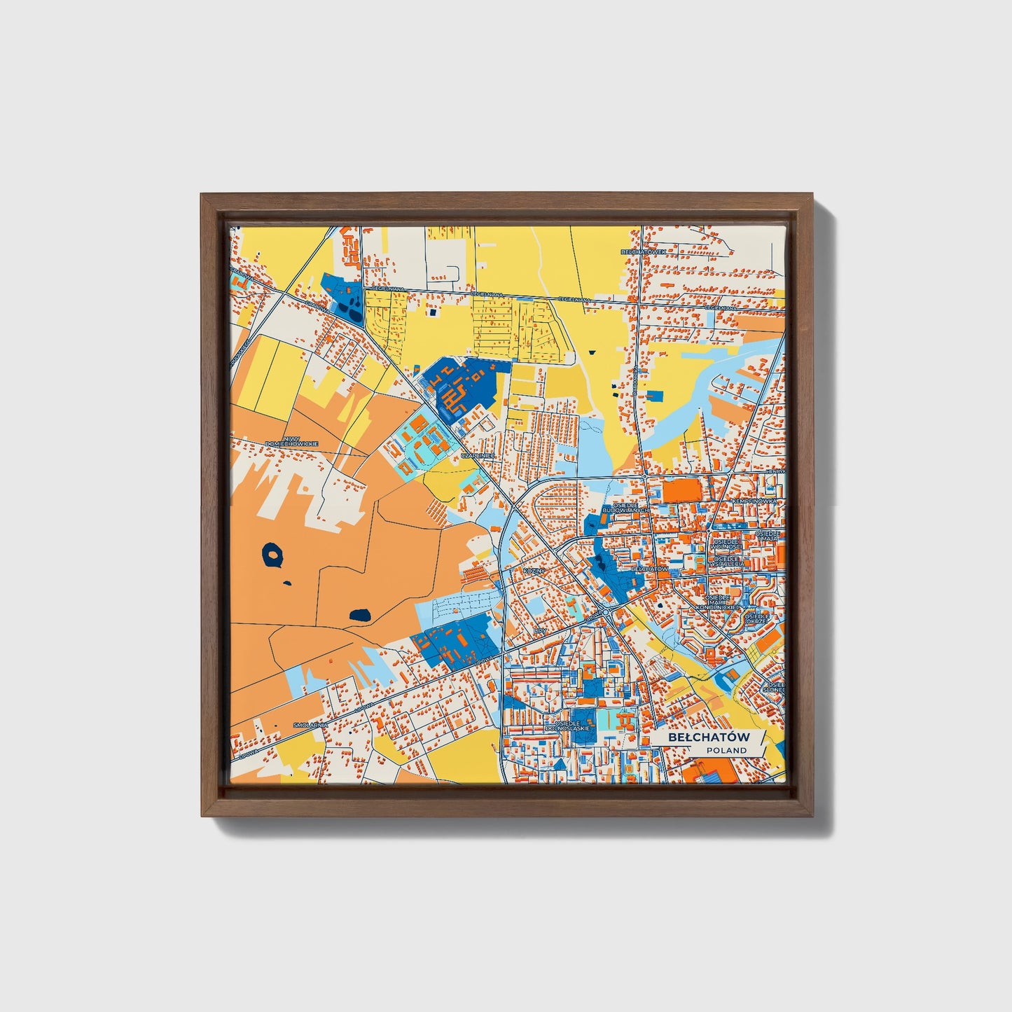 Bełchatów Poland Colorful City Map Canvas Print • Dark Wooden Framed