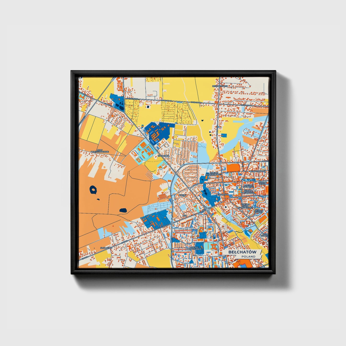 Bełchatów Poland Colorful City Map Canvas Print • Black Framed