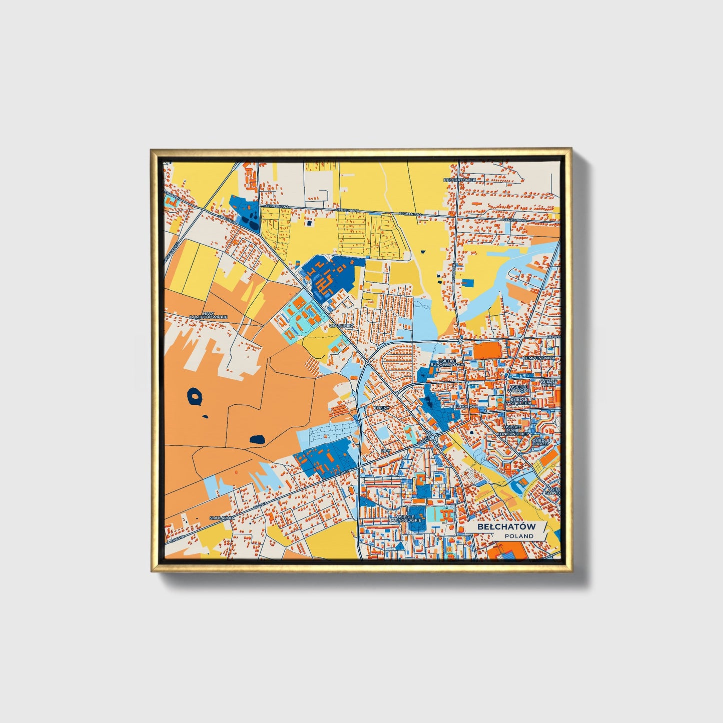 Bełchatów Poland Colorful City Map Canvas Print • Gold Framed