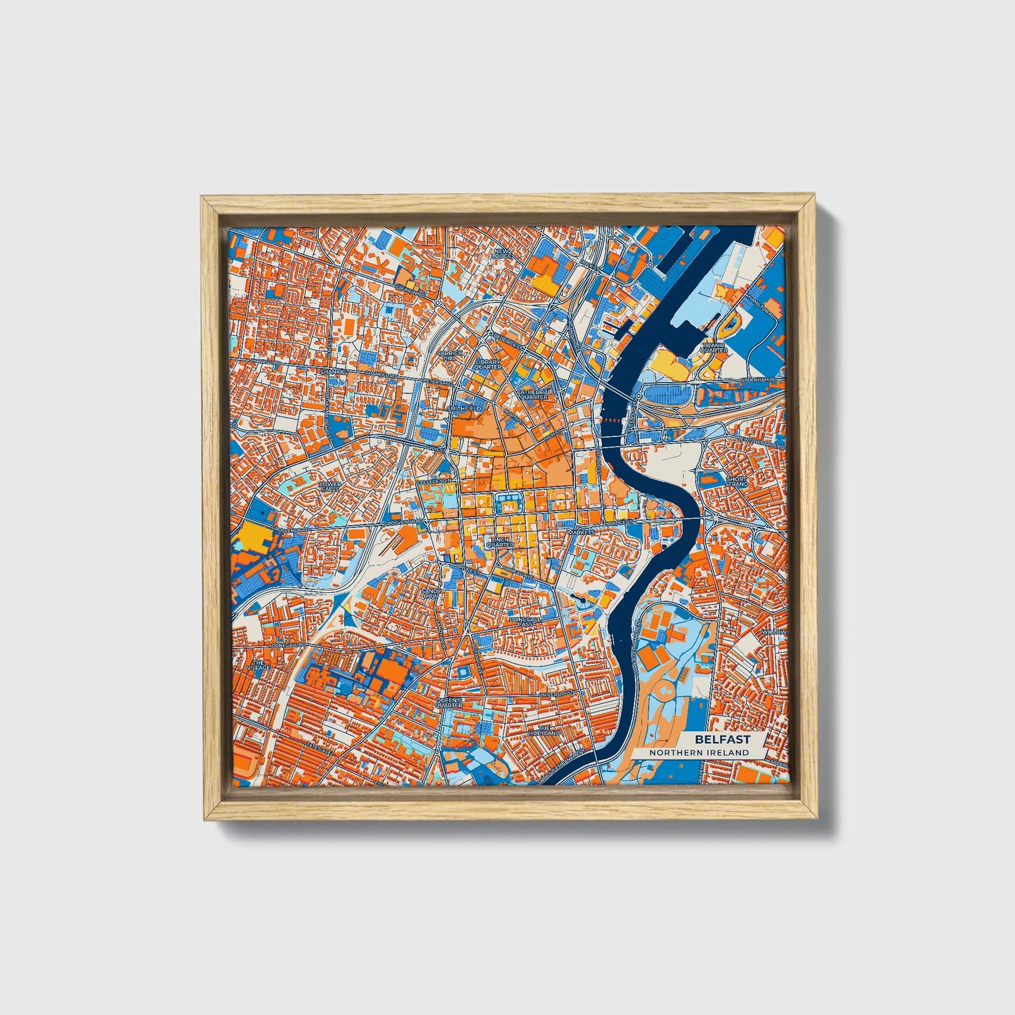 Belfast Northern Ireland Colorful City Map Canvas Print • Natural Wooden Framed