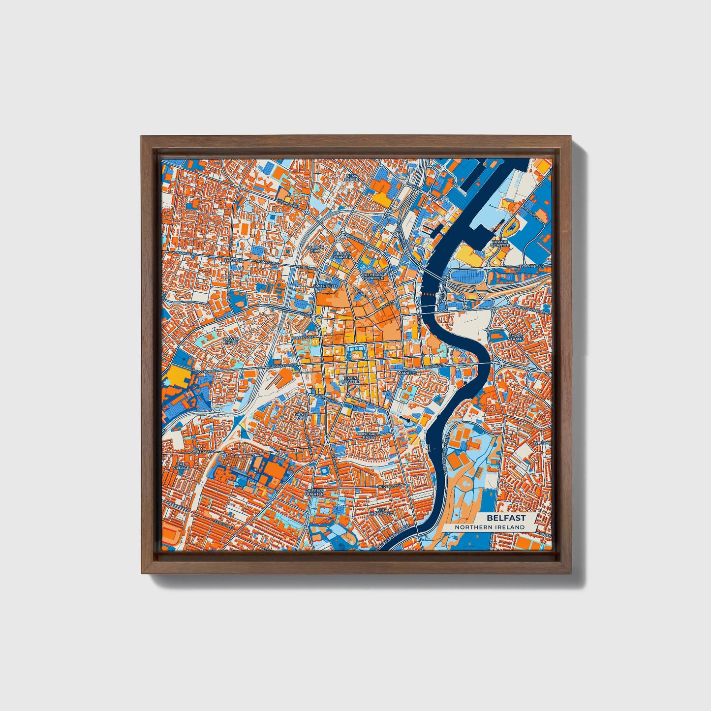 Belfast Northern Ireland Colorful City Map Canvas Print • Dark Wooden Framed