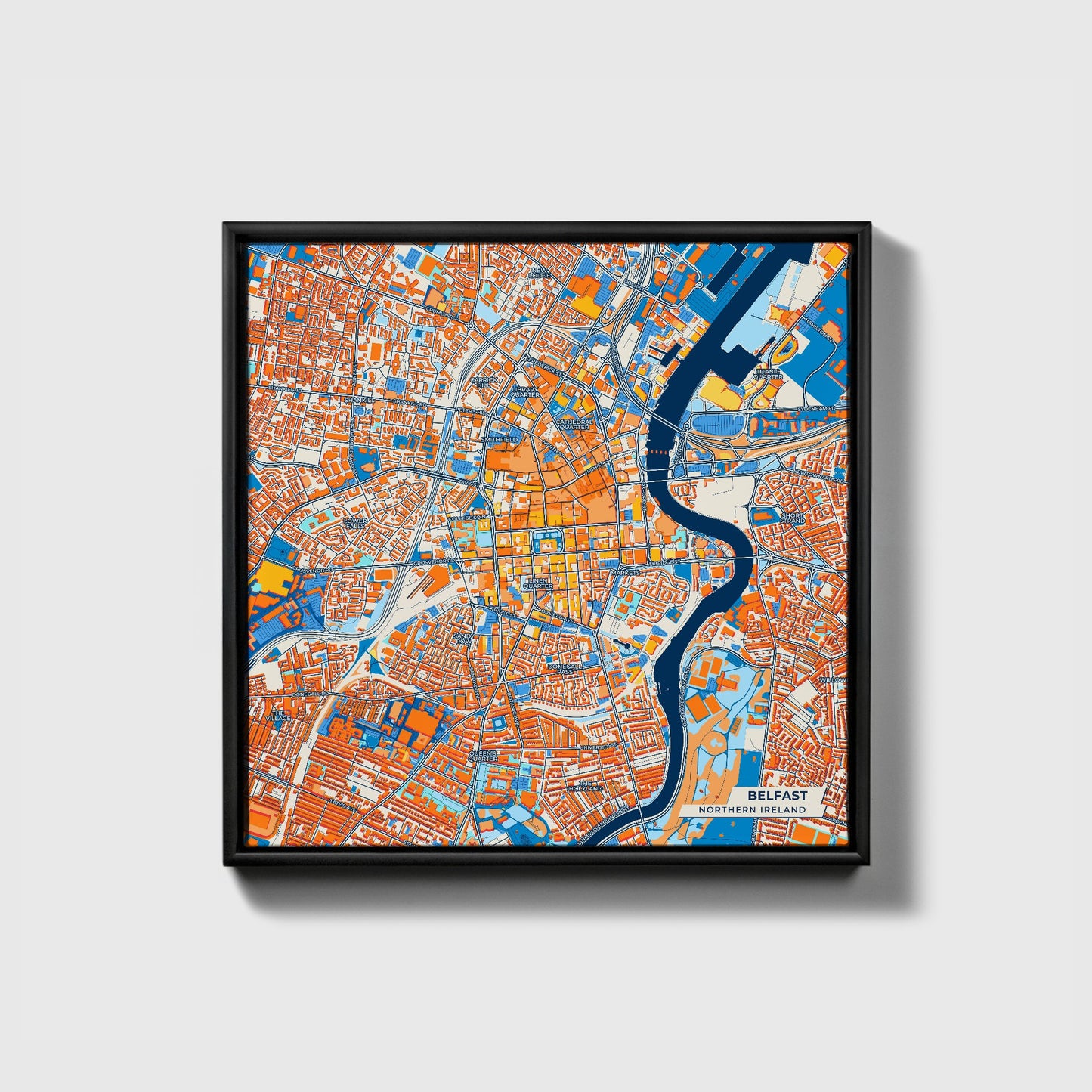 Belfast Northern Ireland Colorful City Map Canvas Print • Black Framed