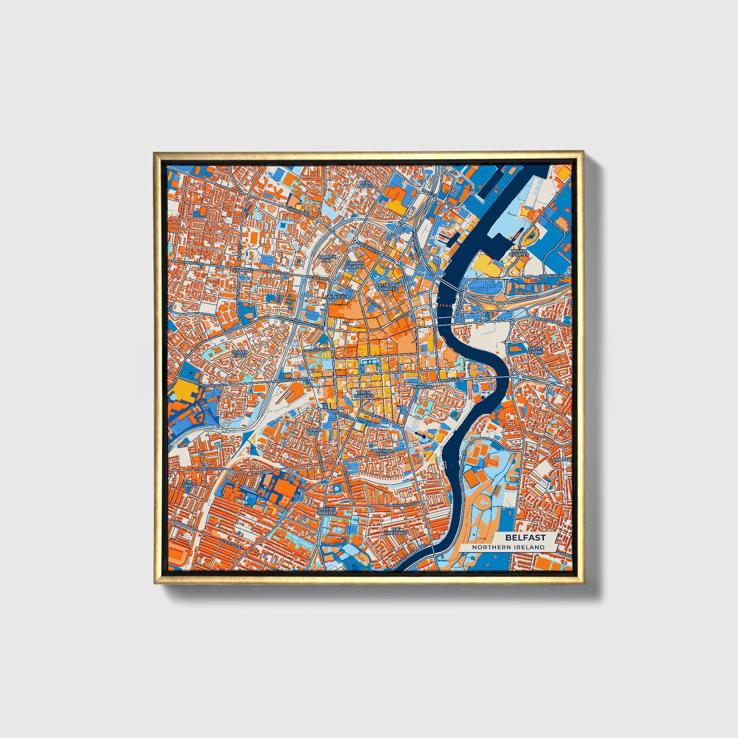 Belfast Northern Ireland Colorful City Map Canvas Print • Gold Framed