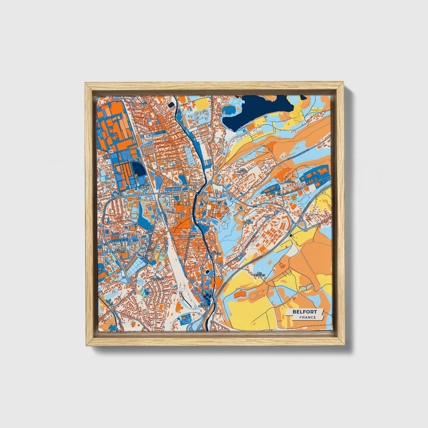 Belfort France Colorful City Map Canvas Print • Natural Wooden Framed