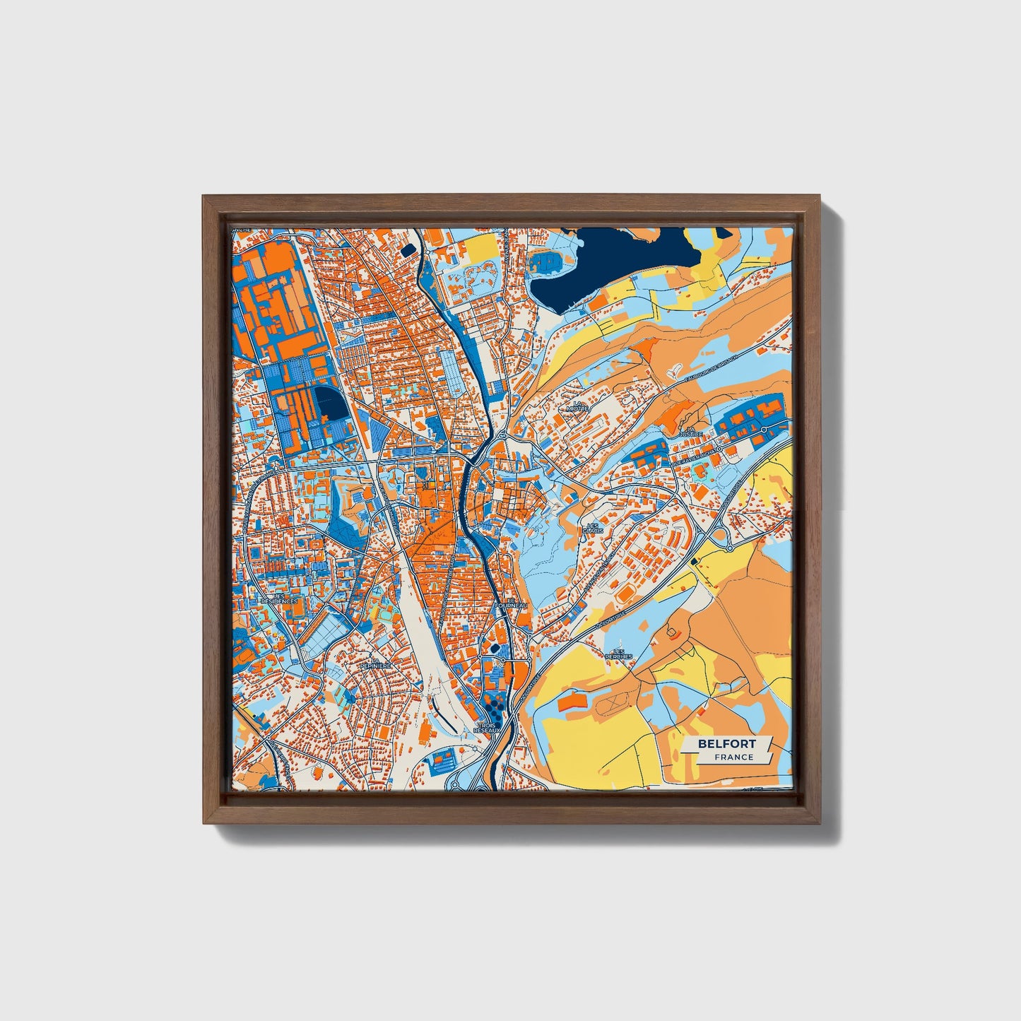 Belfort France Colorful City Map Canvas Print • Dark Wooden Framed