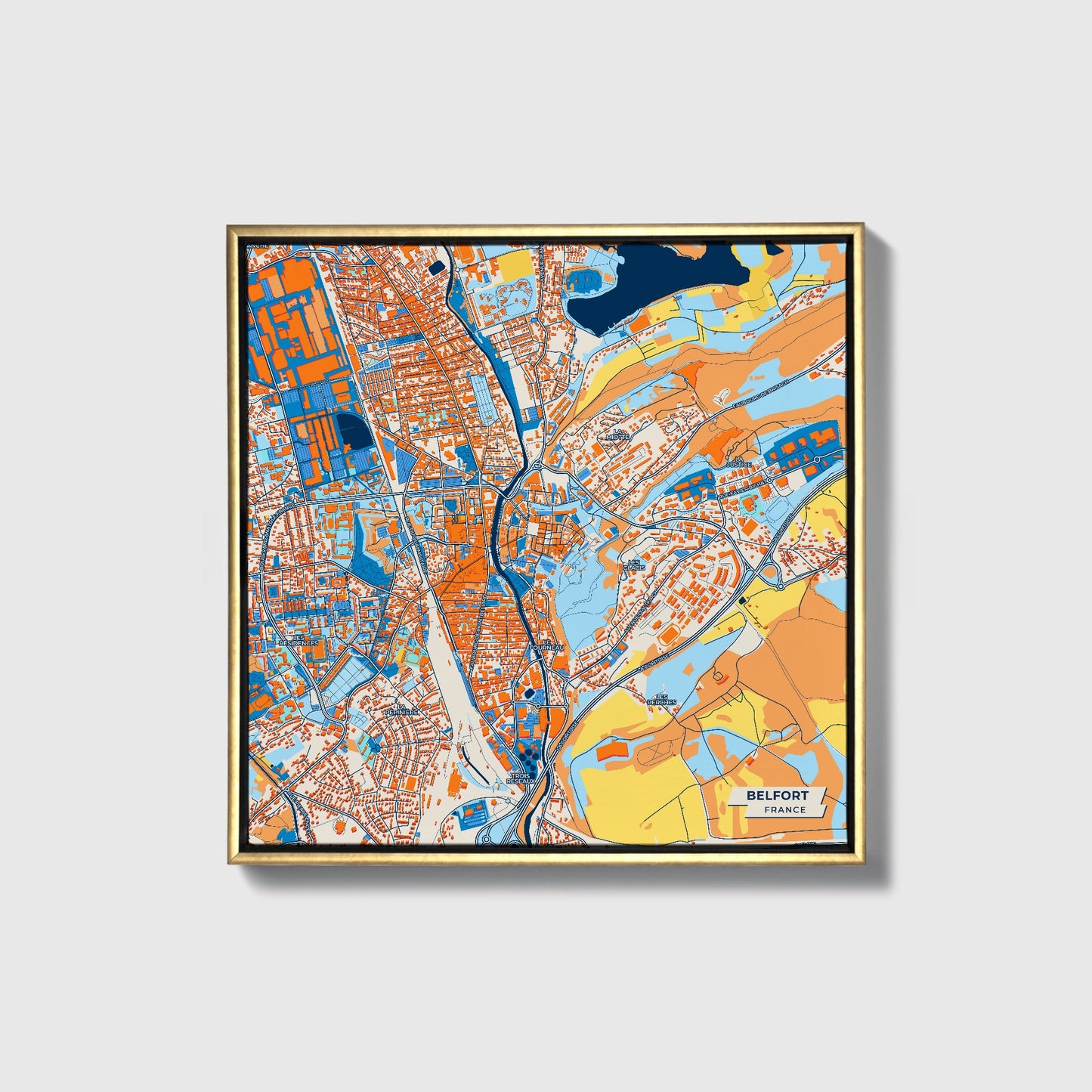 Belfort France Colorful City Map Canvas Print • Gold Framed