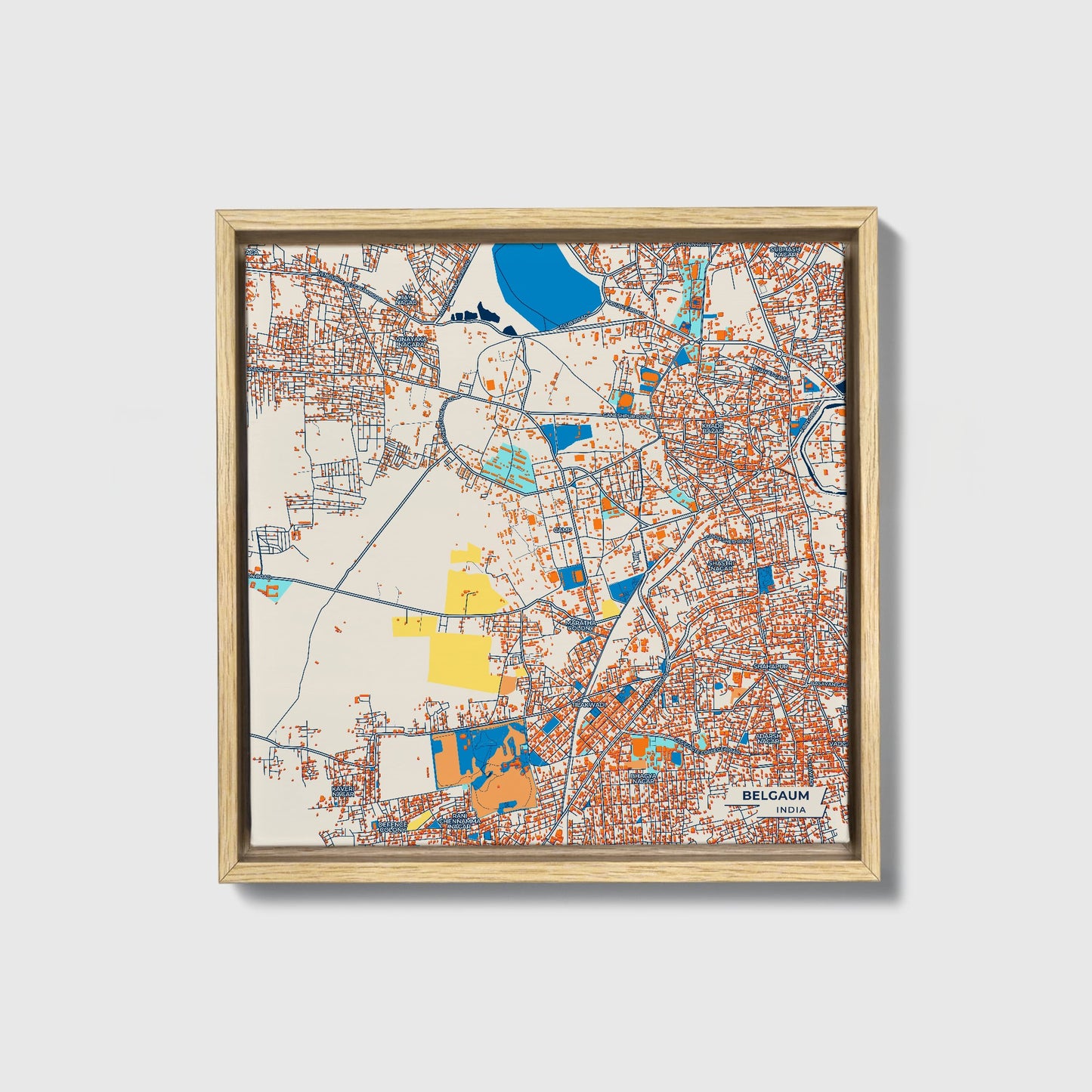 Belgaum India Colorful City Map Canvas Print • Natural Wooden Framed