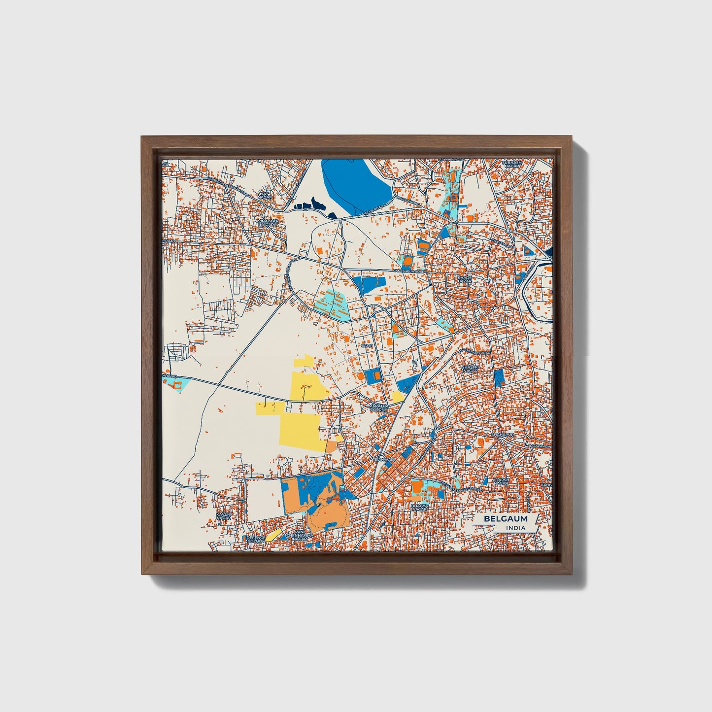 Belgaum India Colorful City Map Canvas Print • Dark Wooden Framed