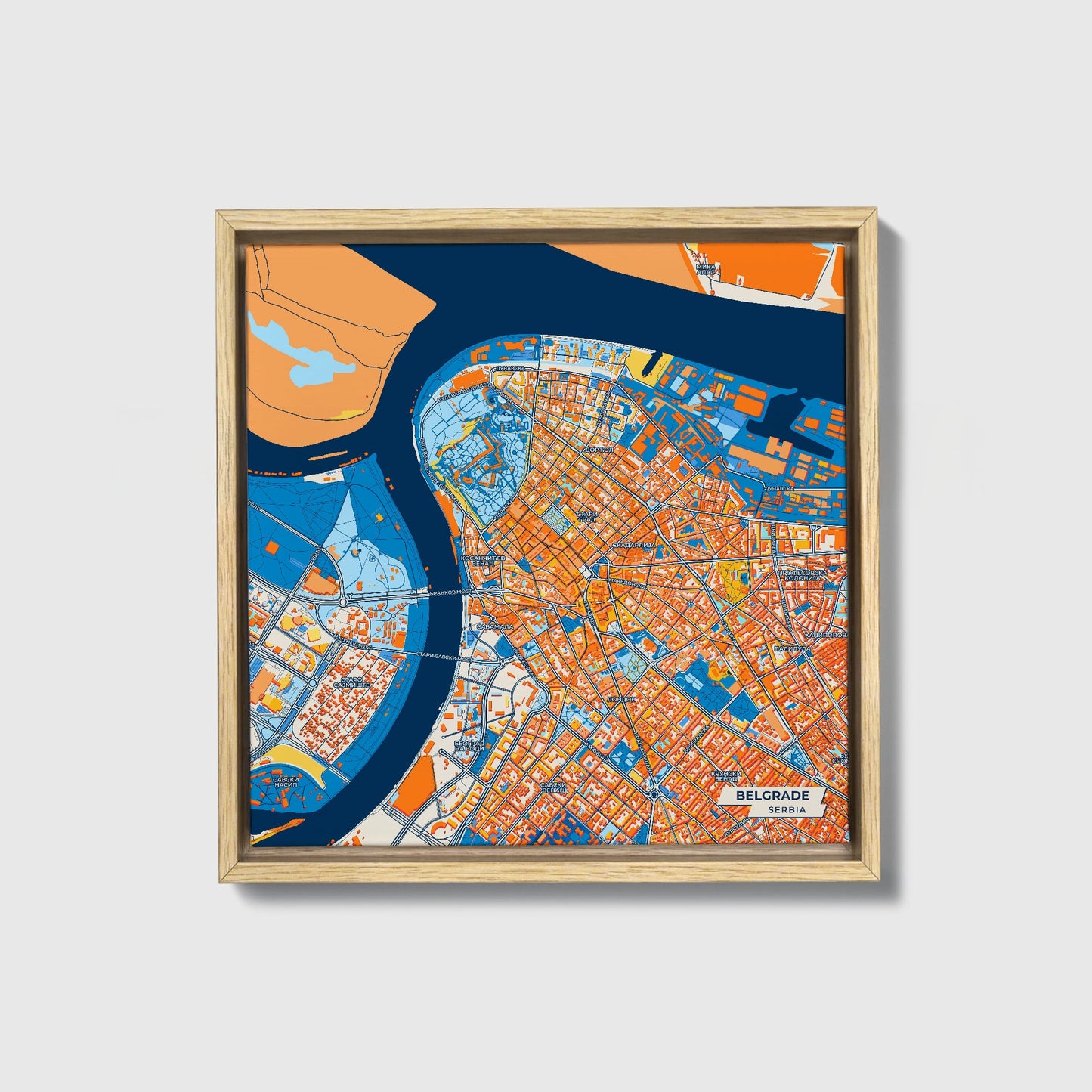 Београд Serbia Colorful City Map Canvas Print • Natural Wooden Framed