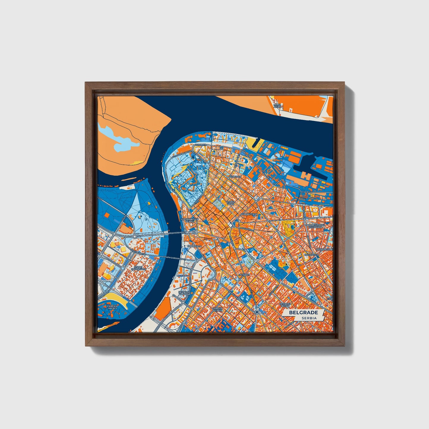 Београд Serbia Colorful City Map Canvas Print • Dark Wooden Framed