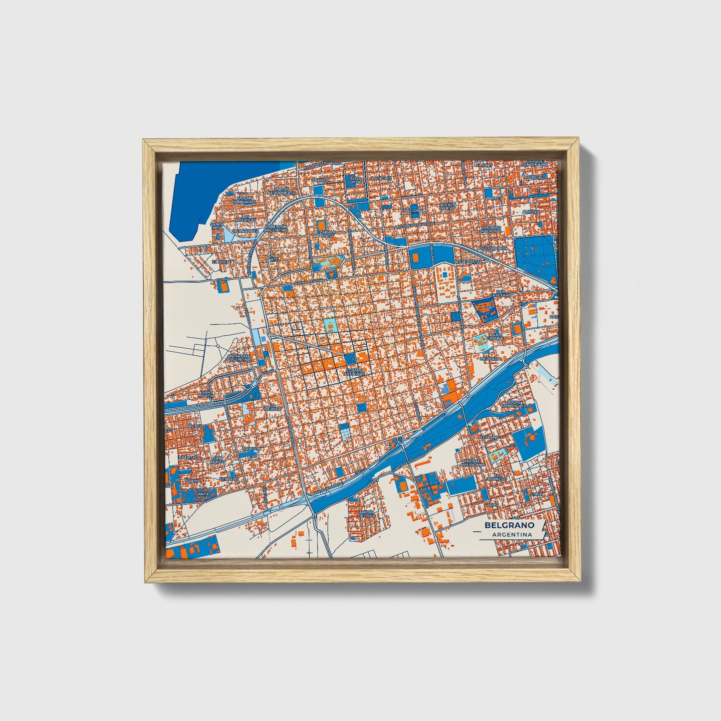 Belgrano Argentina Colorful City Map Canvas Print • Natural Wooden Framed
