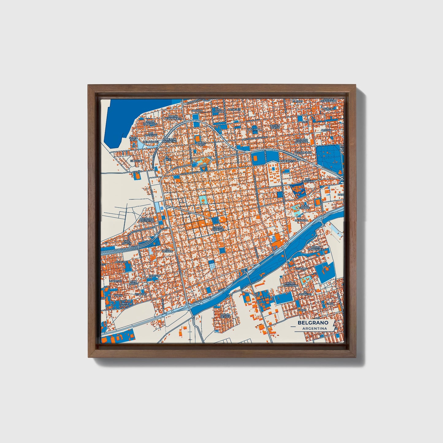 Belgrano Argentina Colorful City Map Canvas Print • Dark Wooden Framed