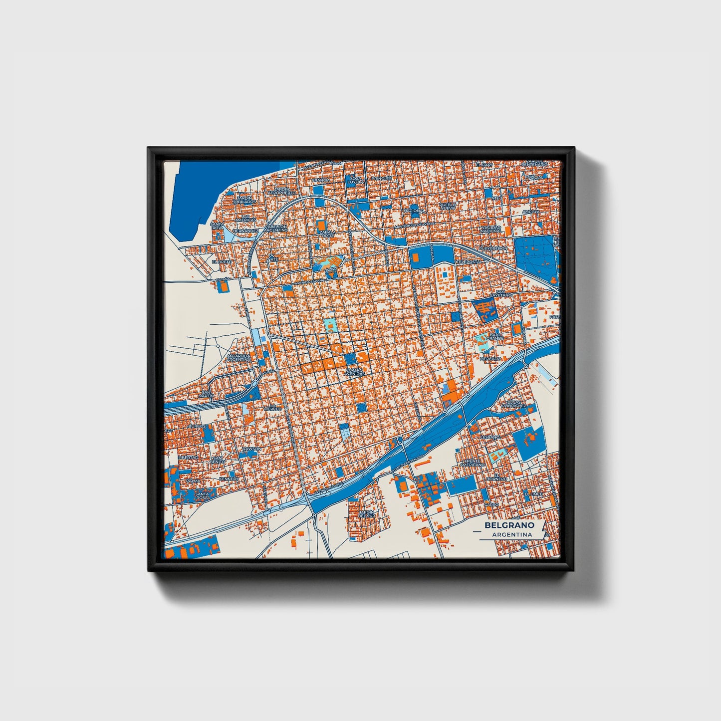 Belgrano Argentina Colorful City Map Canvas Print • Black Framed
