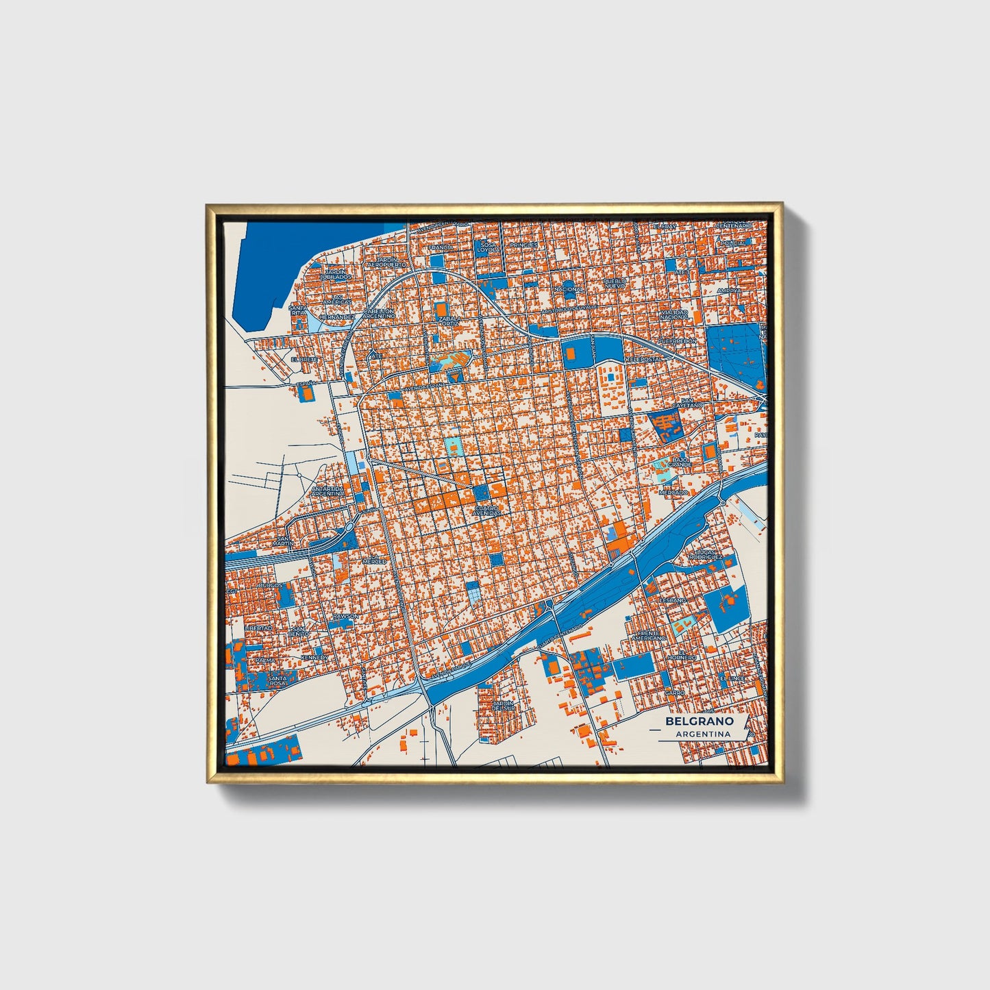 Belgrano Argentina Colorful City Map Canvas Print • Gold Framed