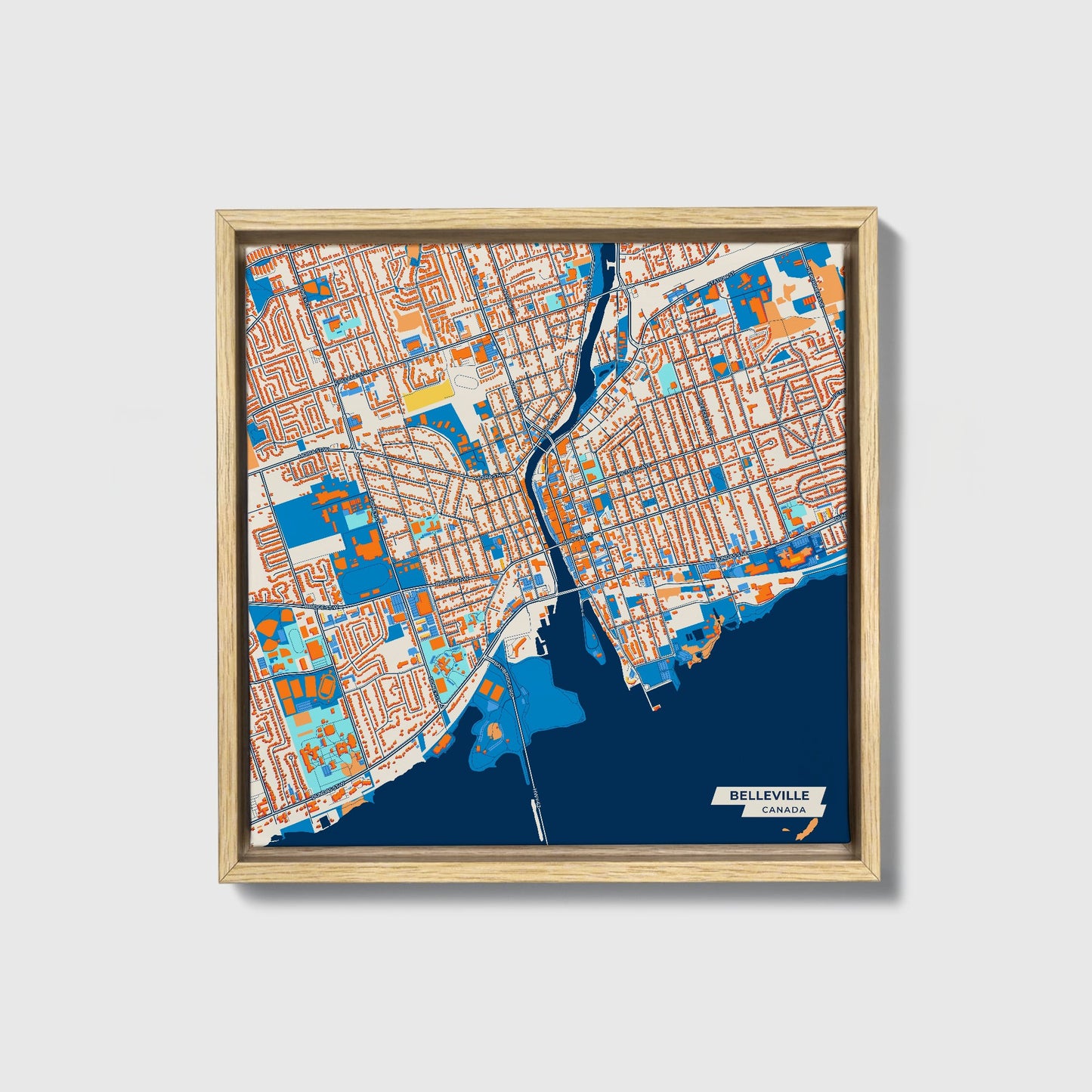 Belleville Canada Colorful City Map Canvas Print • Natural Wooden Framed