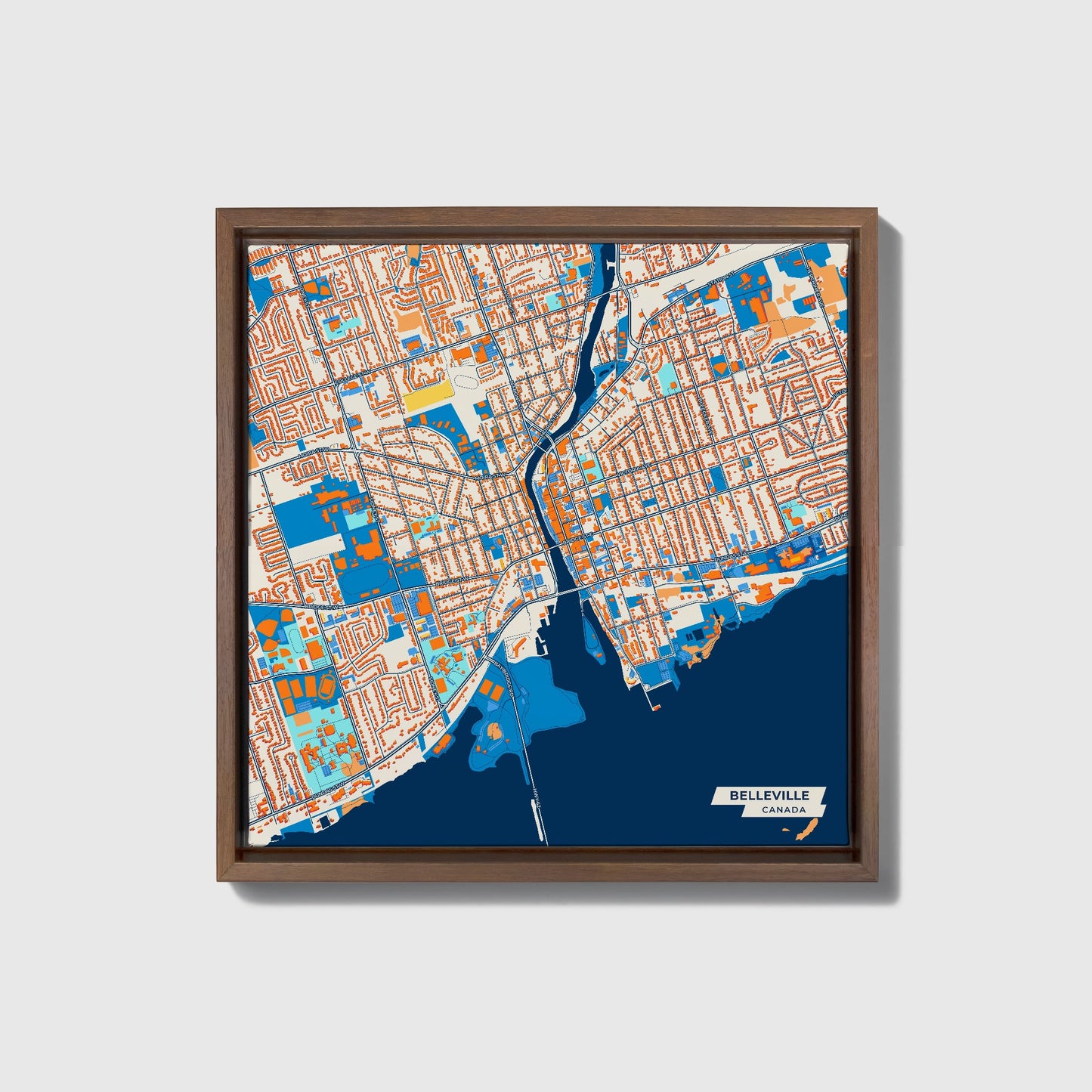 Belleville Canada Colorful City Map Canvas Print • Dark Wooden Framed