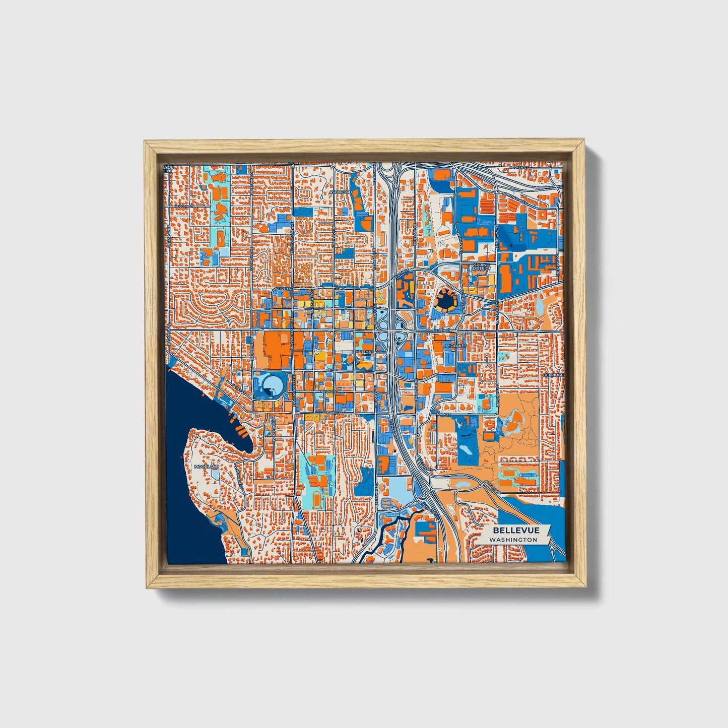 Bellevue Washington Colorful City Map Canvas Print • Natural Wooden Framed