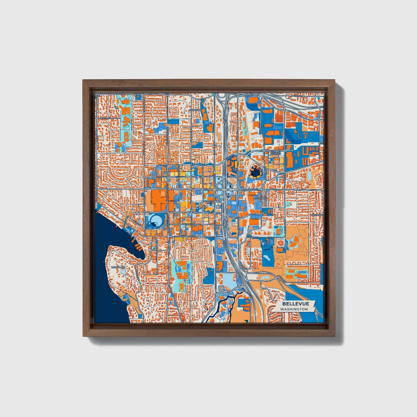 Bellevue Washington Colorful City Map Canvas Print • Dark Wooden Framed