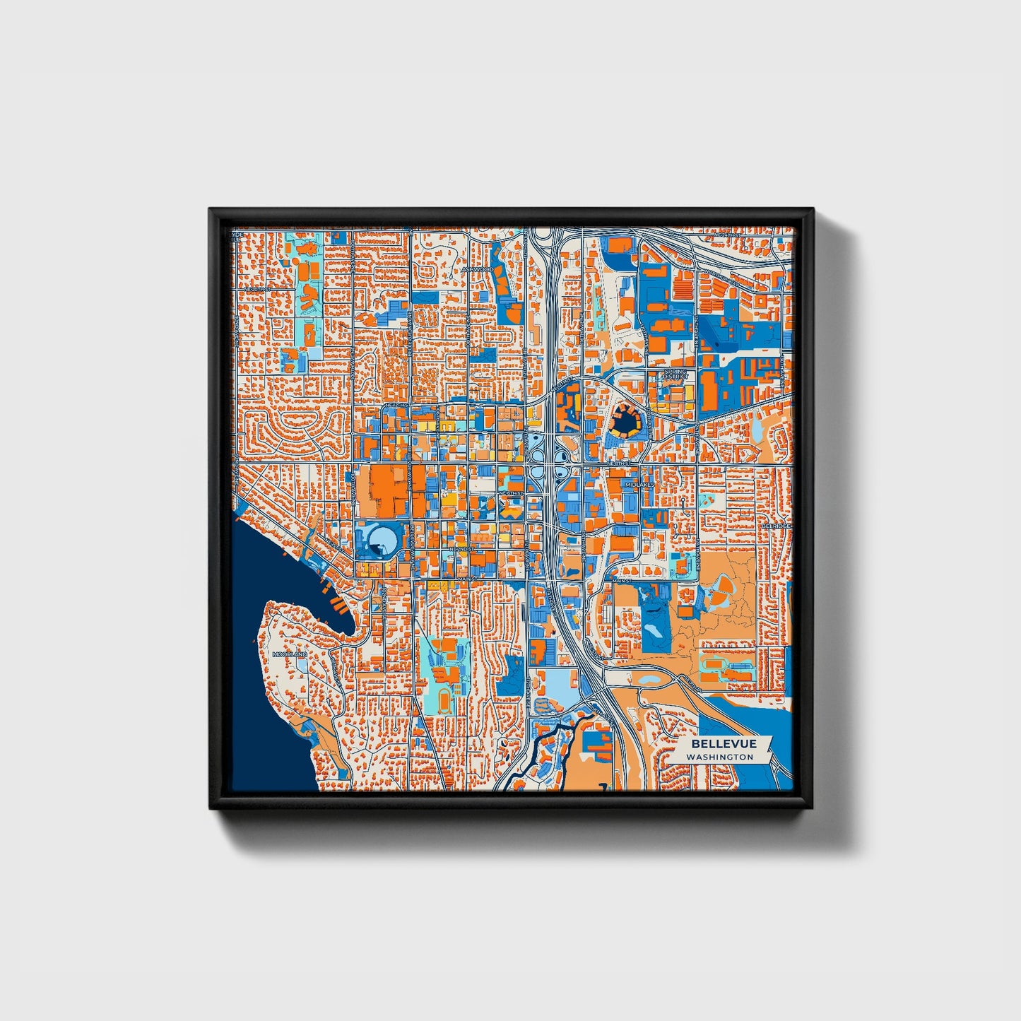 Bellevue Washington Colorful City Map Canvas Print • Black Framed