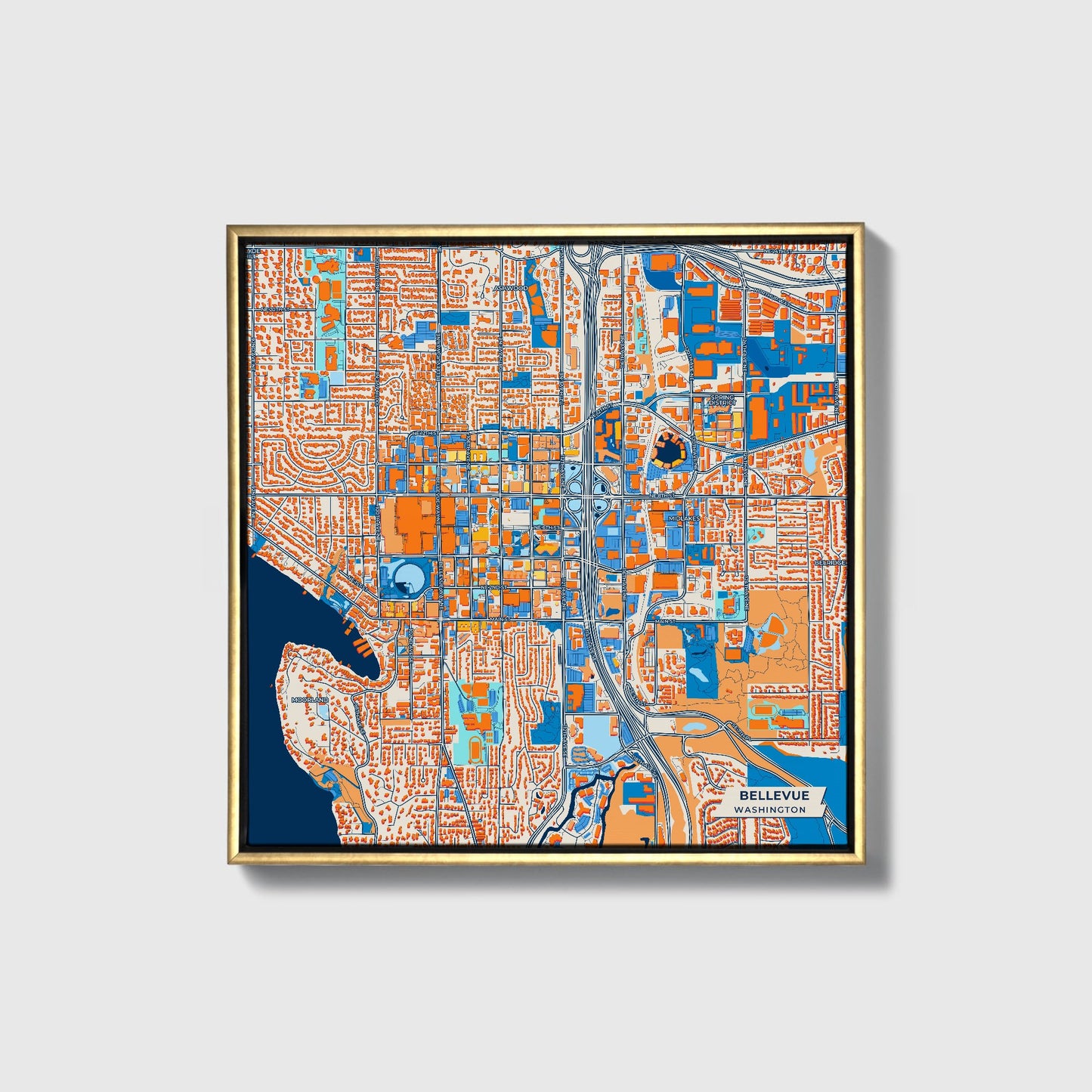 Bellevue Washington Colorful City Map Canvas Print • Gold Framed
