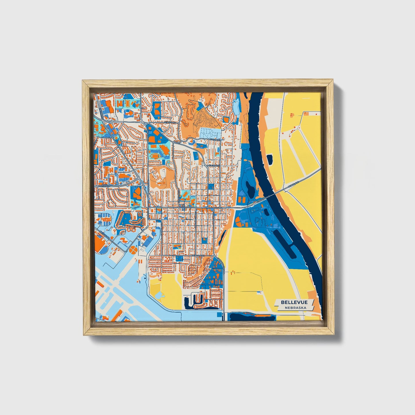 Bellevue Nebraska Colorful City Map Canvas Print • Natural Wooden Framed