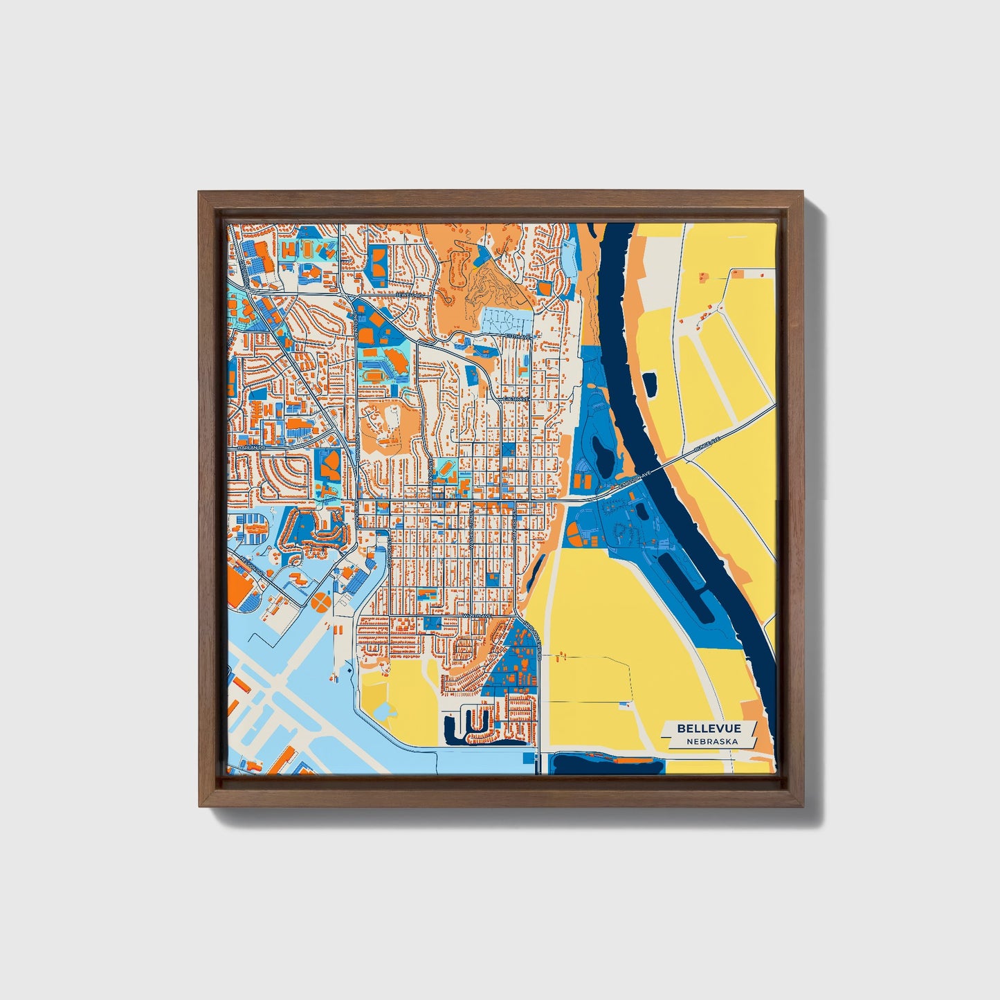 Bellevue Nebraska Colorful City Map Canvas Print • Dark Wooden Framed