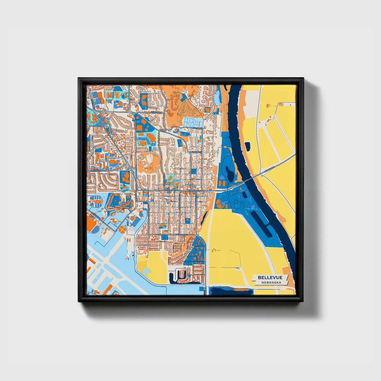 Bellevue Nebraska Colorful City Map Canvas Print • Black Framed