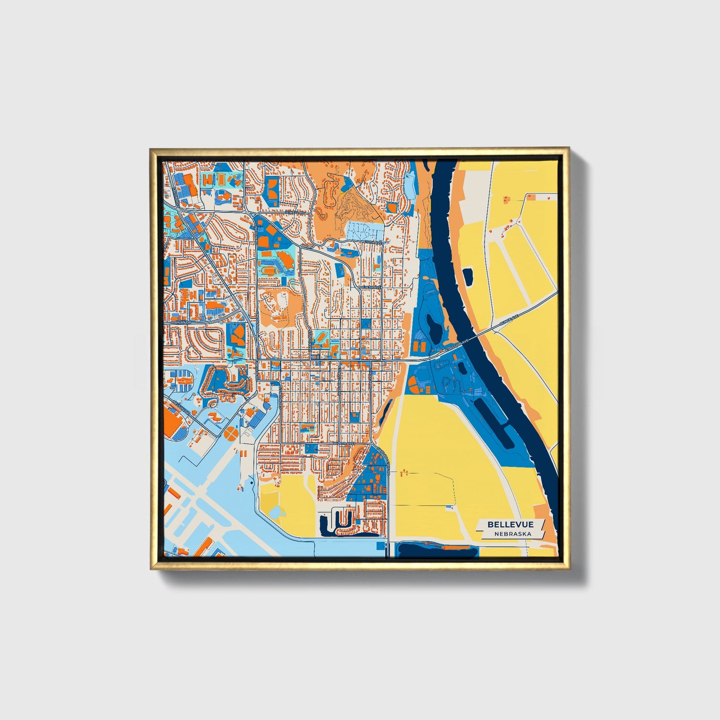 Bellevue Nebraska Colorful City Map Canvas Print • Gold Framed