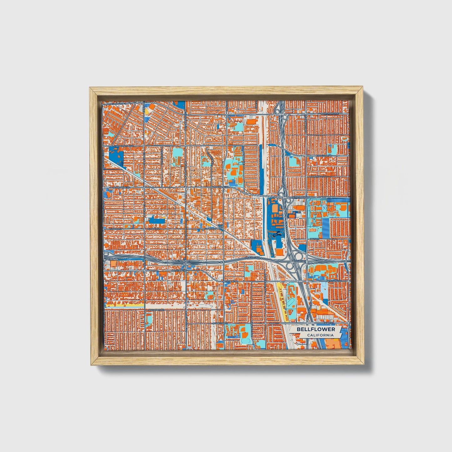 Bellflower California Colorful City Map Canvas Print • Natural Wooden Framed