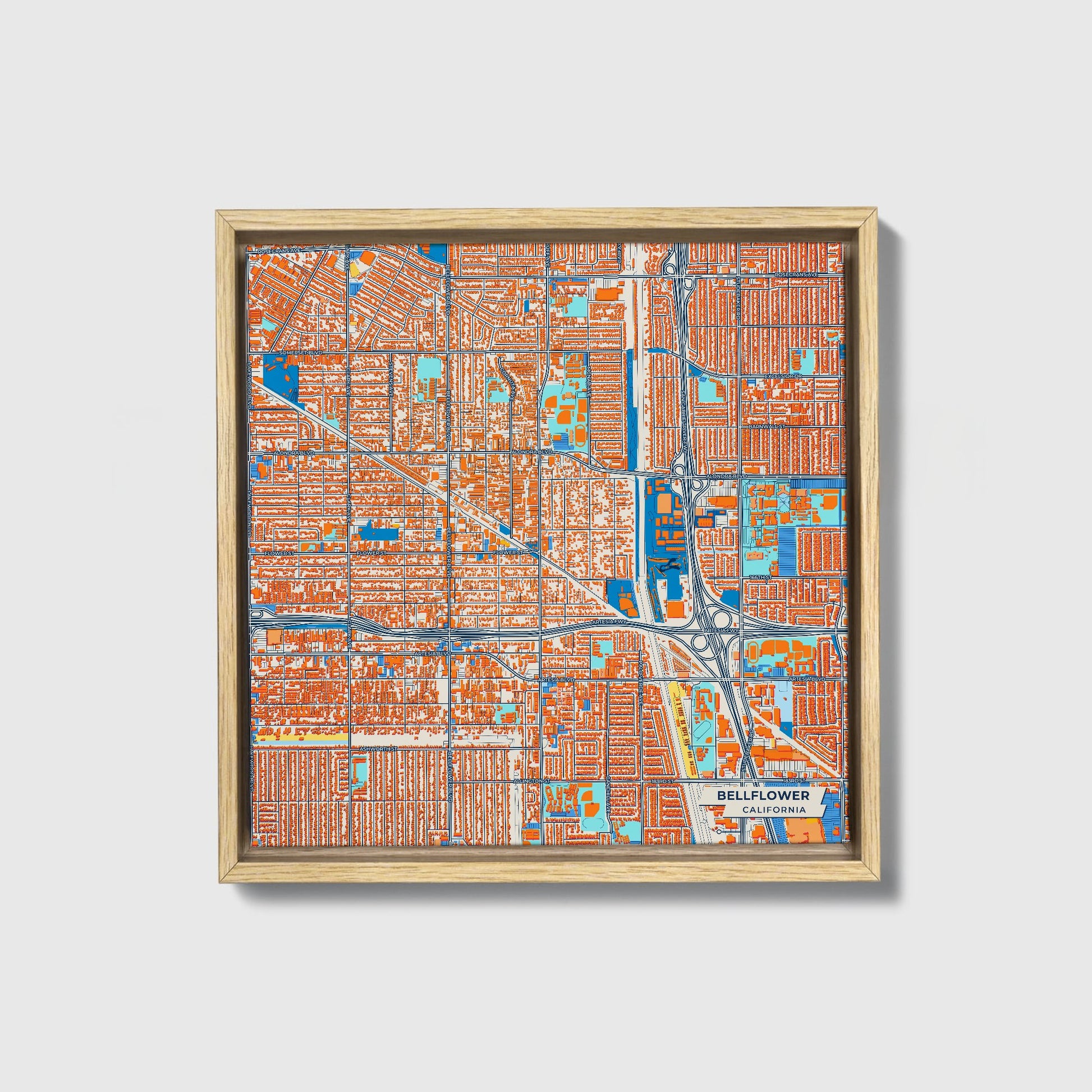 Bellflower California Colorful City Map Canvas Print • Natural Wooden Framed
