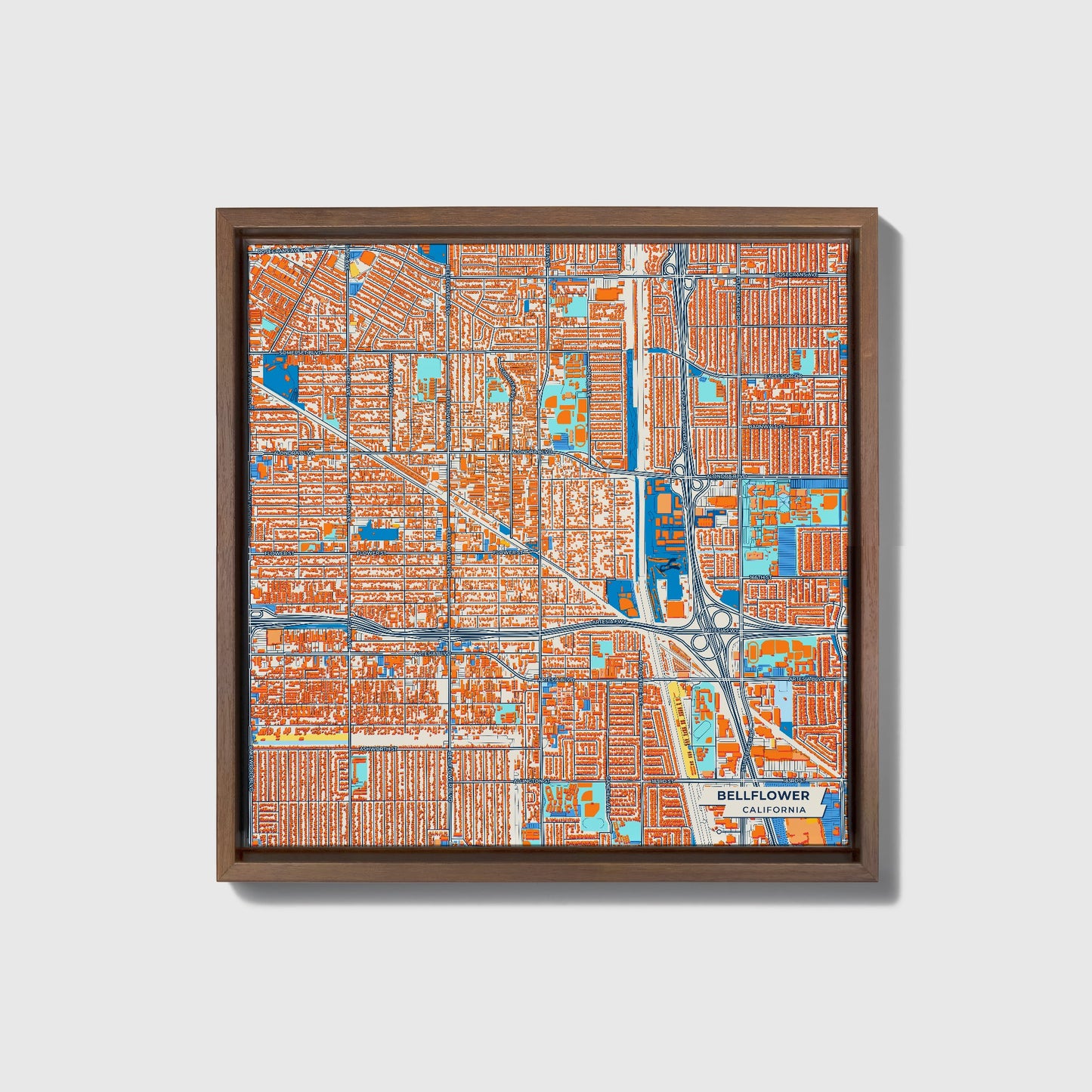 Bellflower California Colorful City Map Canvas Print • Dark Wooden Framed