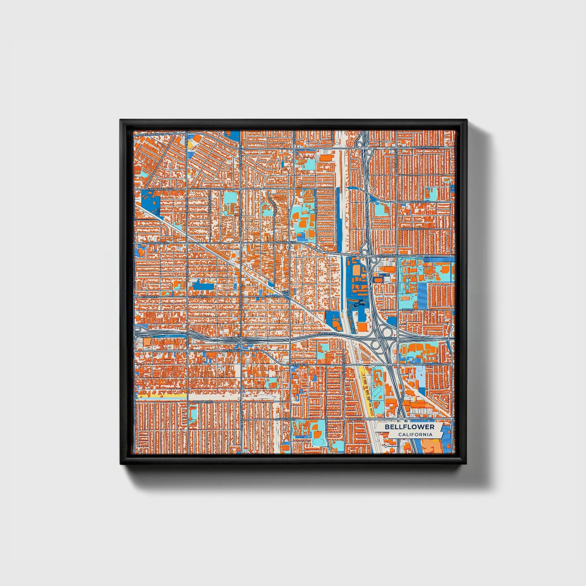 Bellflower California Colorful City Map Canvas Print • Black Framed