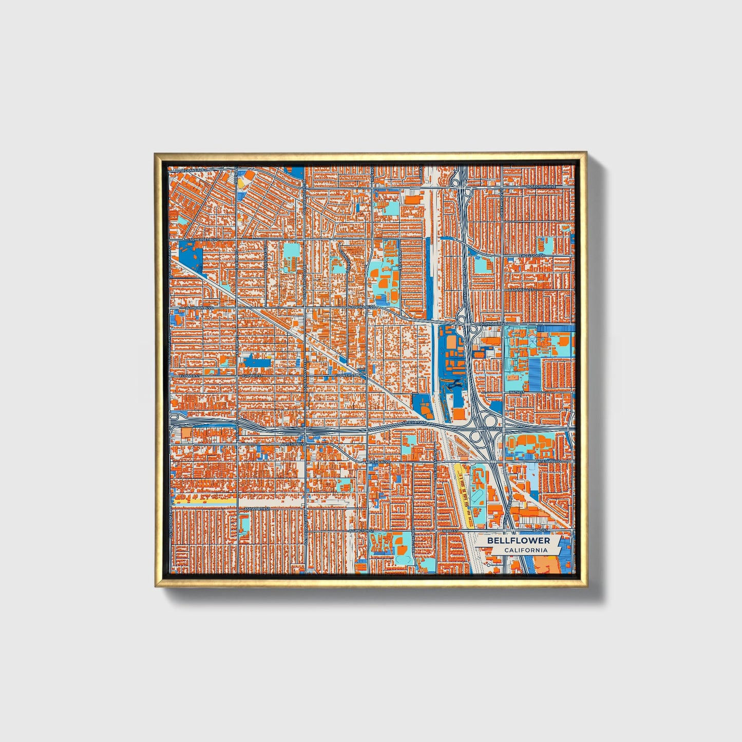 Bellflower California Colorful City Map Canvas Print • Gold Framed