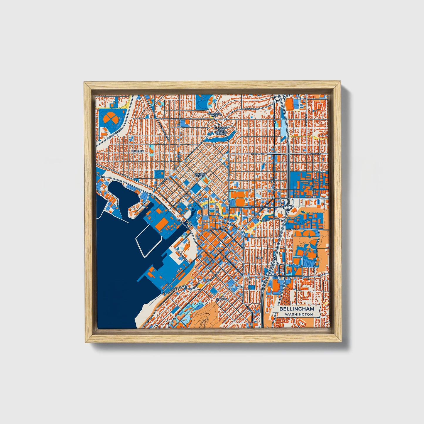 Bellingham Washington Colorful City Map Canvas Print • Natural Wooden Framed