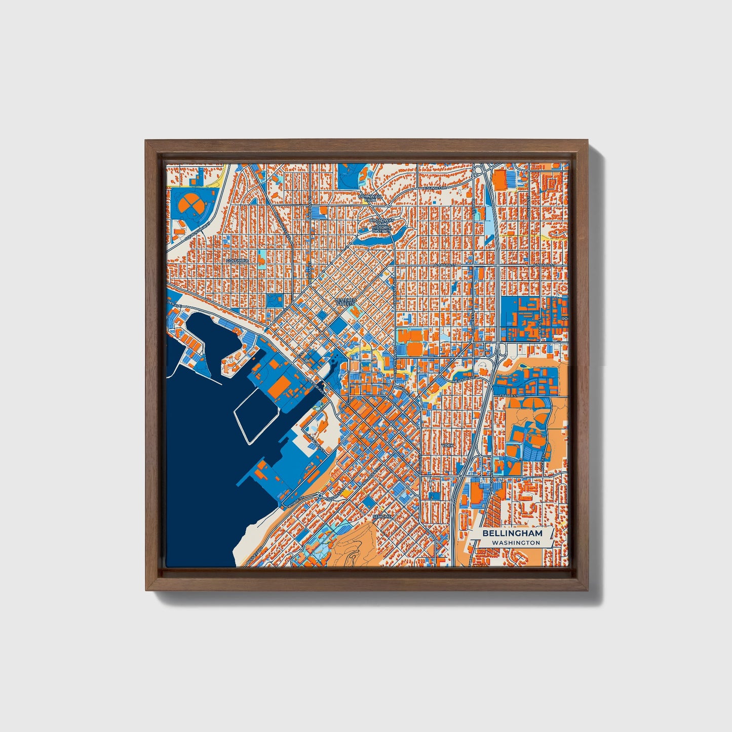 Bellingham Washington Colorful City Map Canvas Print • Dark Wooden Framed