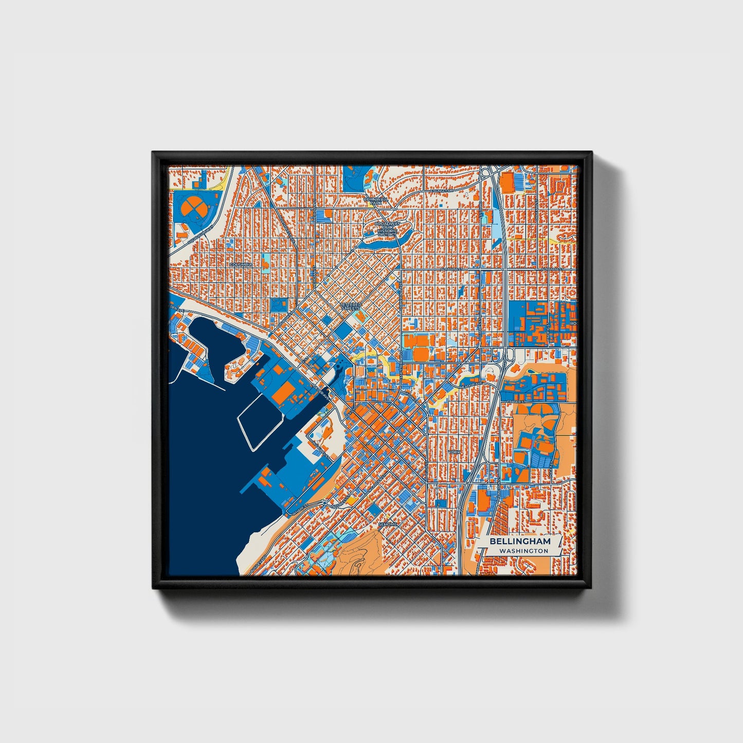 Bellingham Washington Colorful City Map Canvas Print • Black Framed