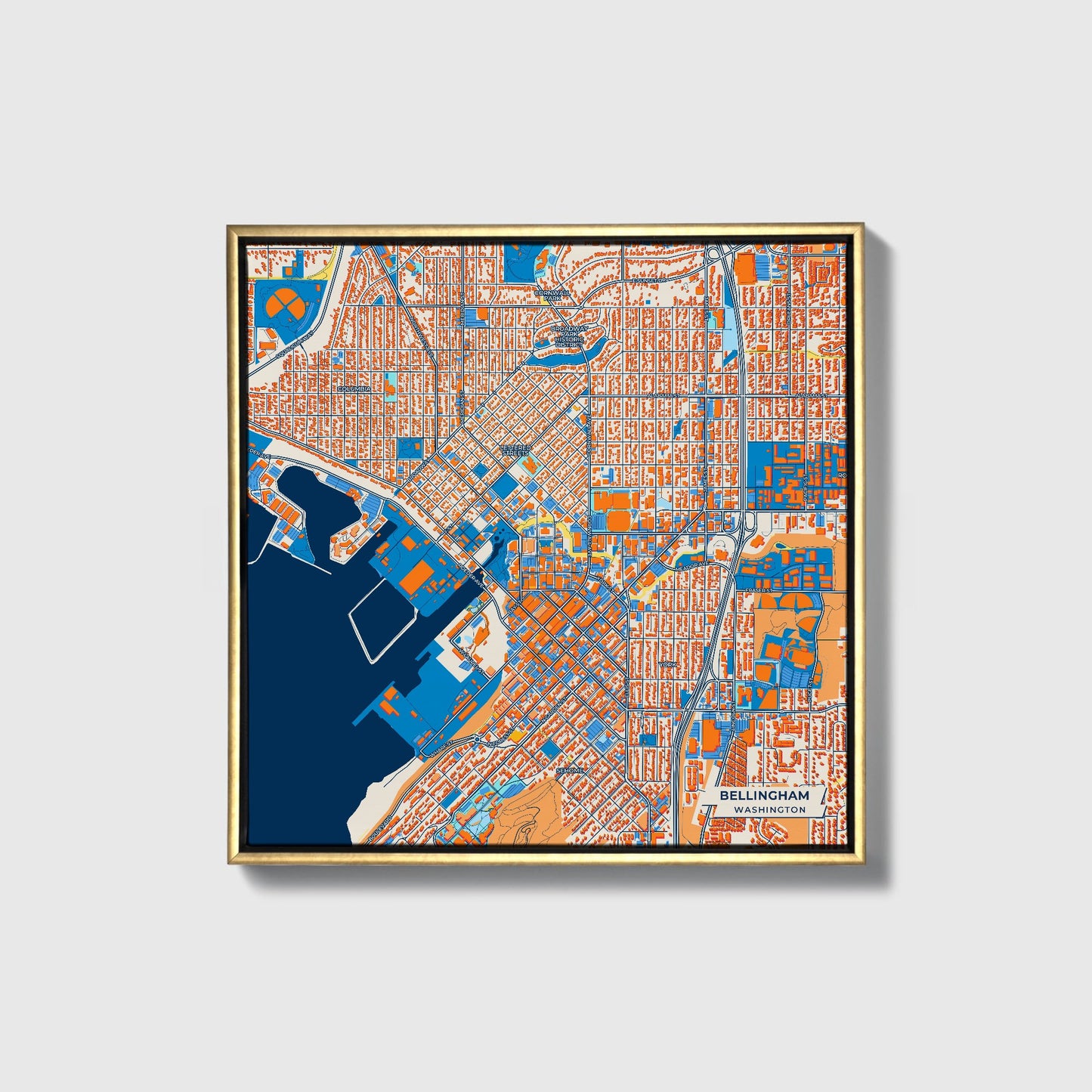 Bellingham Washington Colorful City Map Canvas Print • Gold Framed