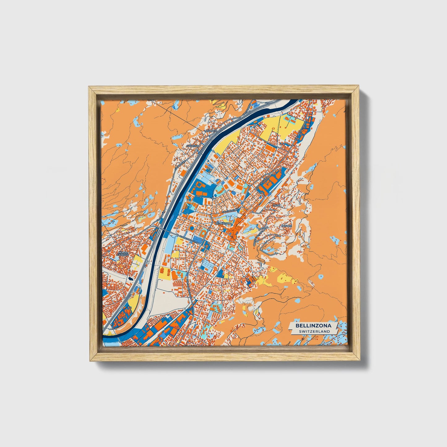 Bellinzona Switzerland Colorful City Map Canvas Print • Natural Wooden Framed