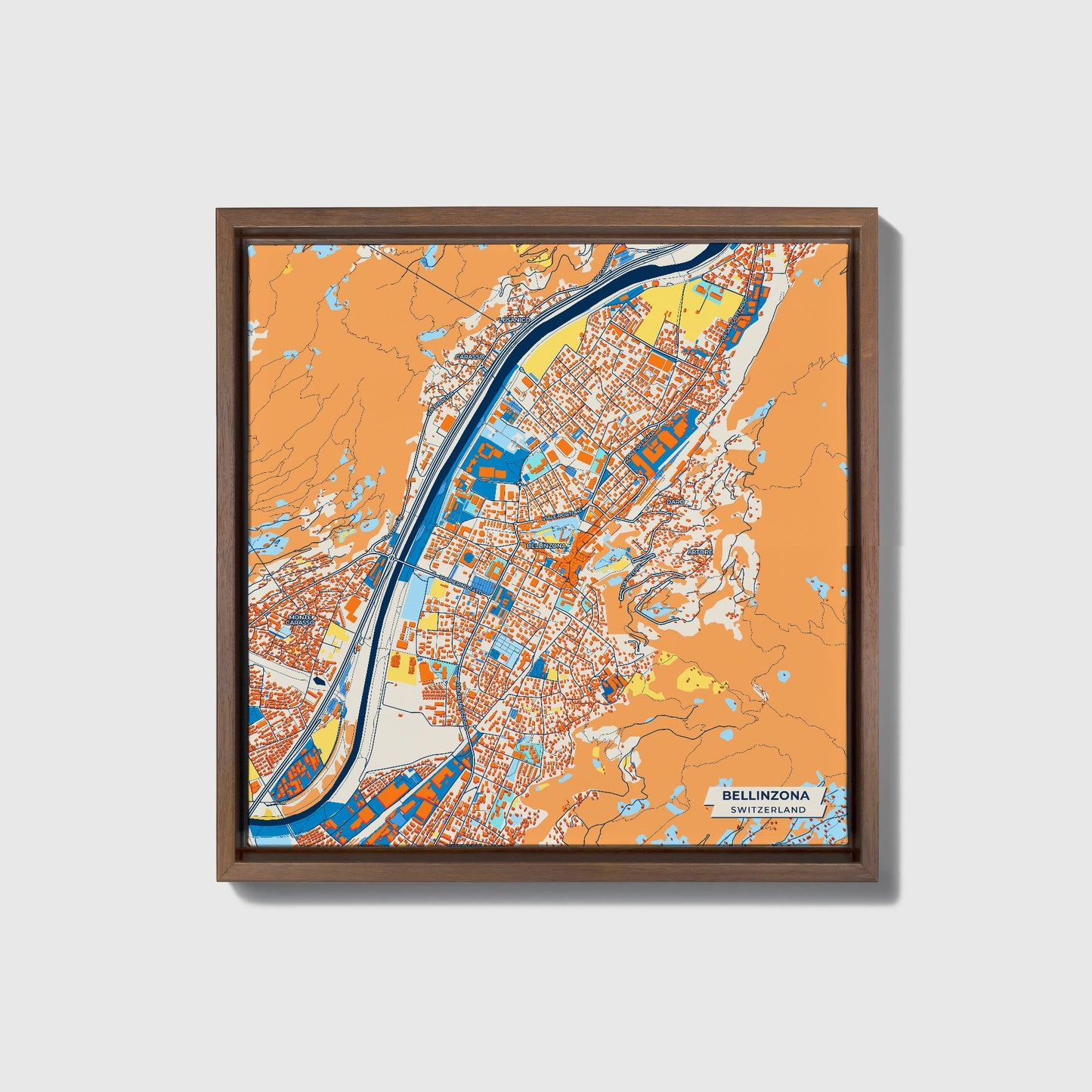 Bellinzona Switzerland Colorful City Map Canvas Print • Dark Wooden Framed