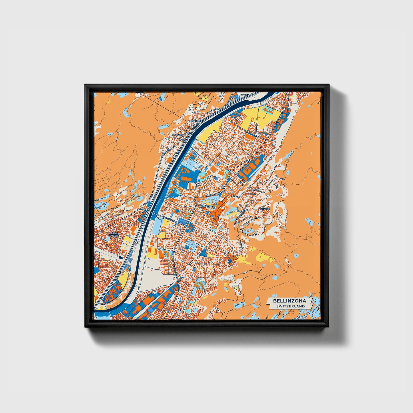 Bellinzona Switzerland Colorful City Map Canvas Print • Black Framed