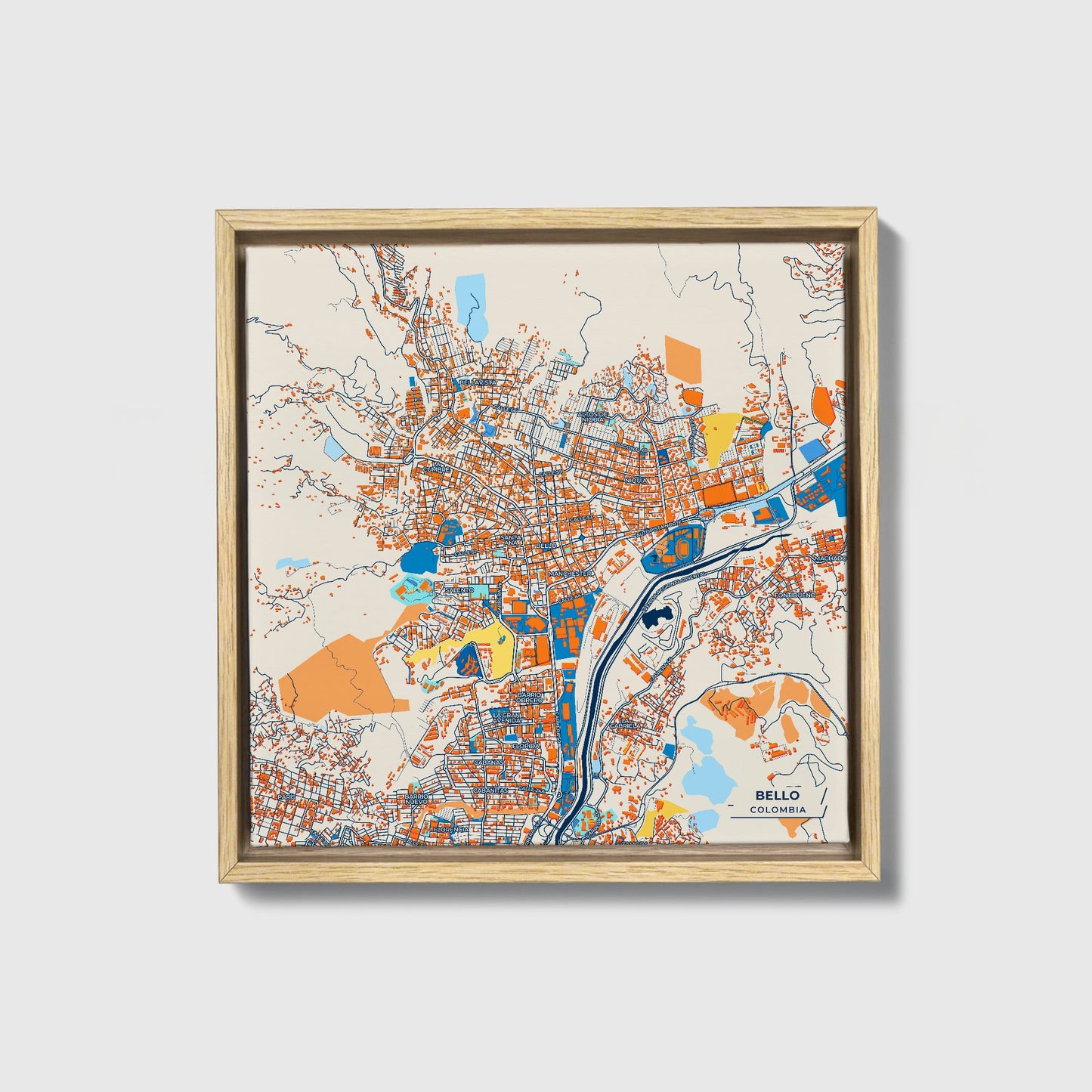 Bello Colombia Colorful City Map Canvas Print • Natural Wooden Framed