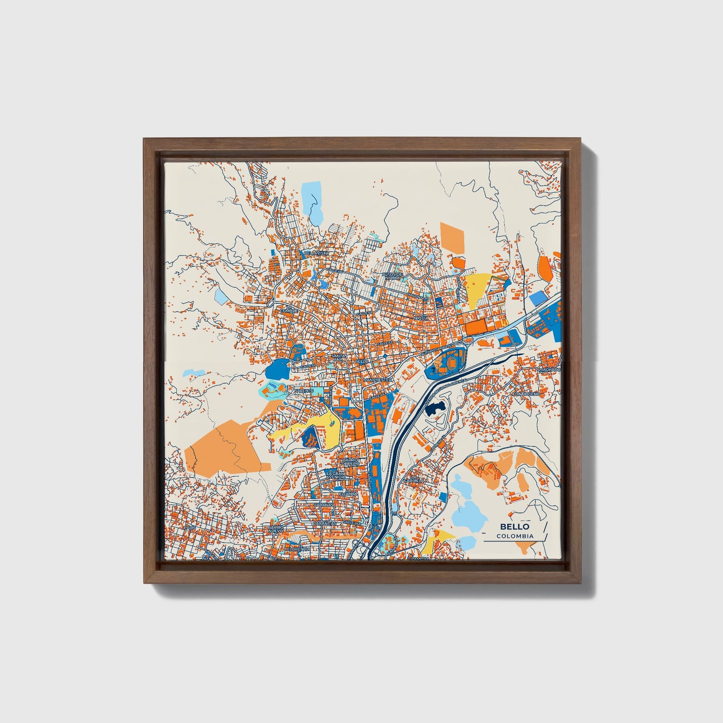Bello Colombia Colorful City Map Canvas Print • Dark Wooden Framed