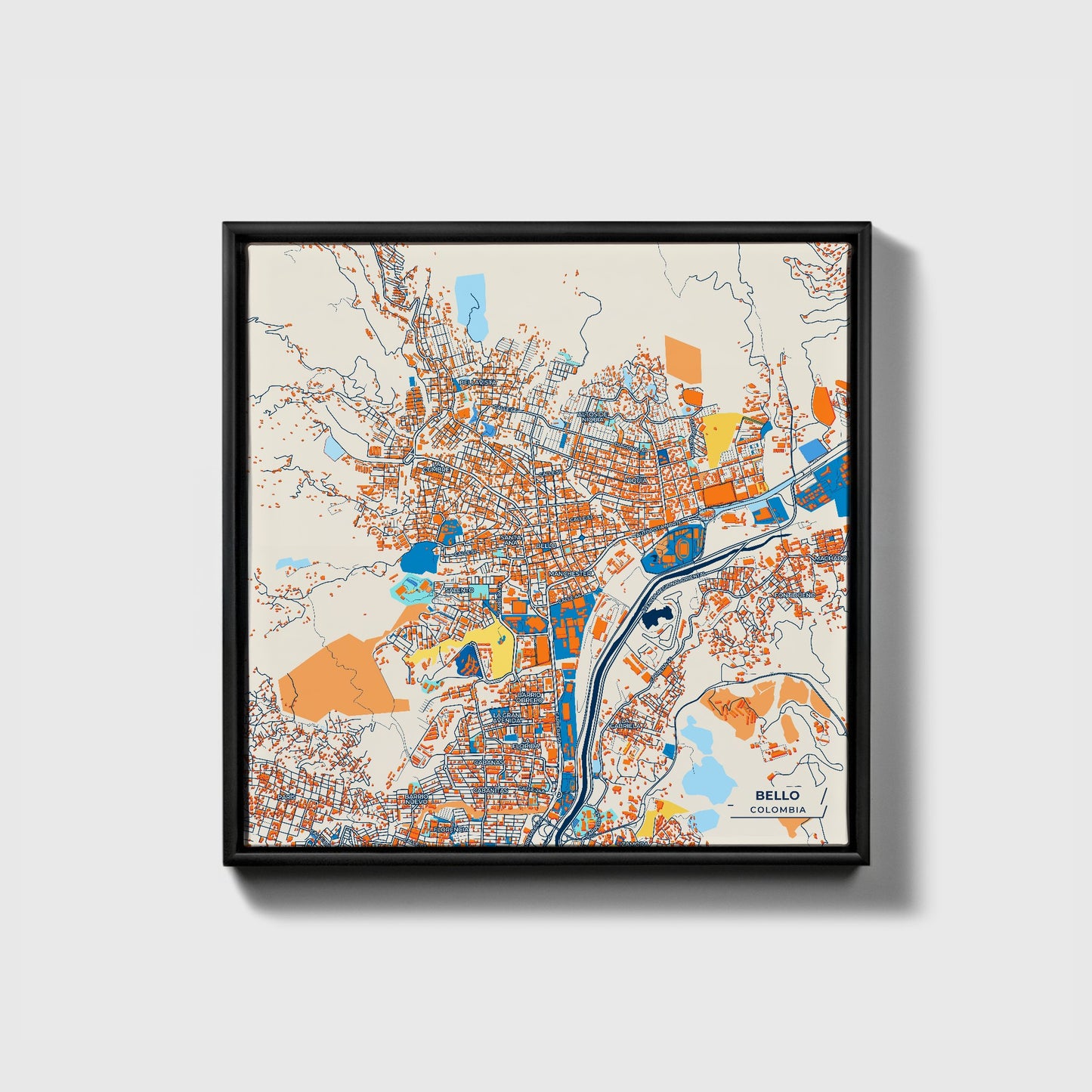 Bello Colombia Colorful City Map Canvas Print • Black Framed