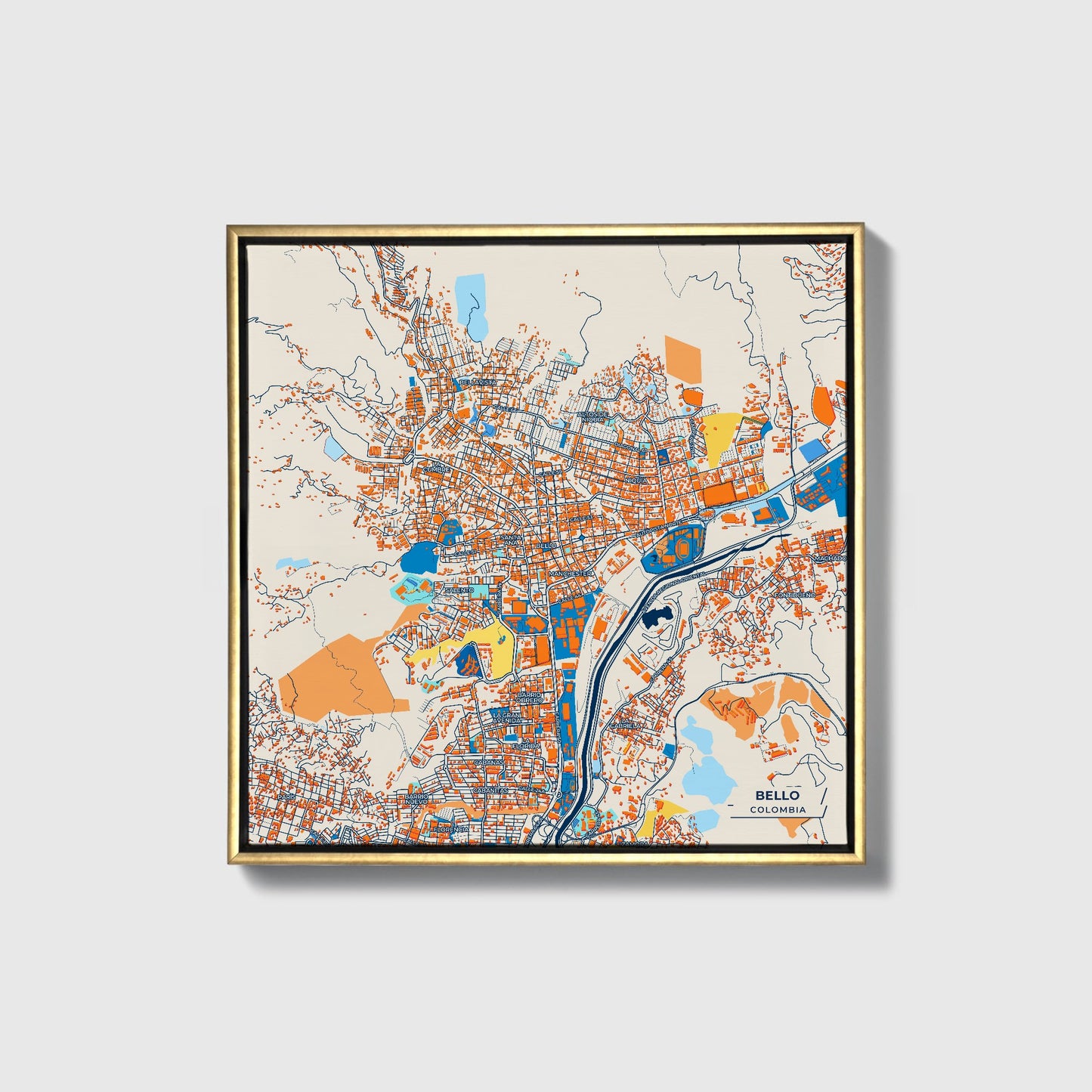 Bello Colombia Colorful City Map Canvas Print • Gold Framed