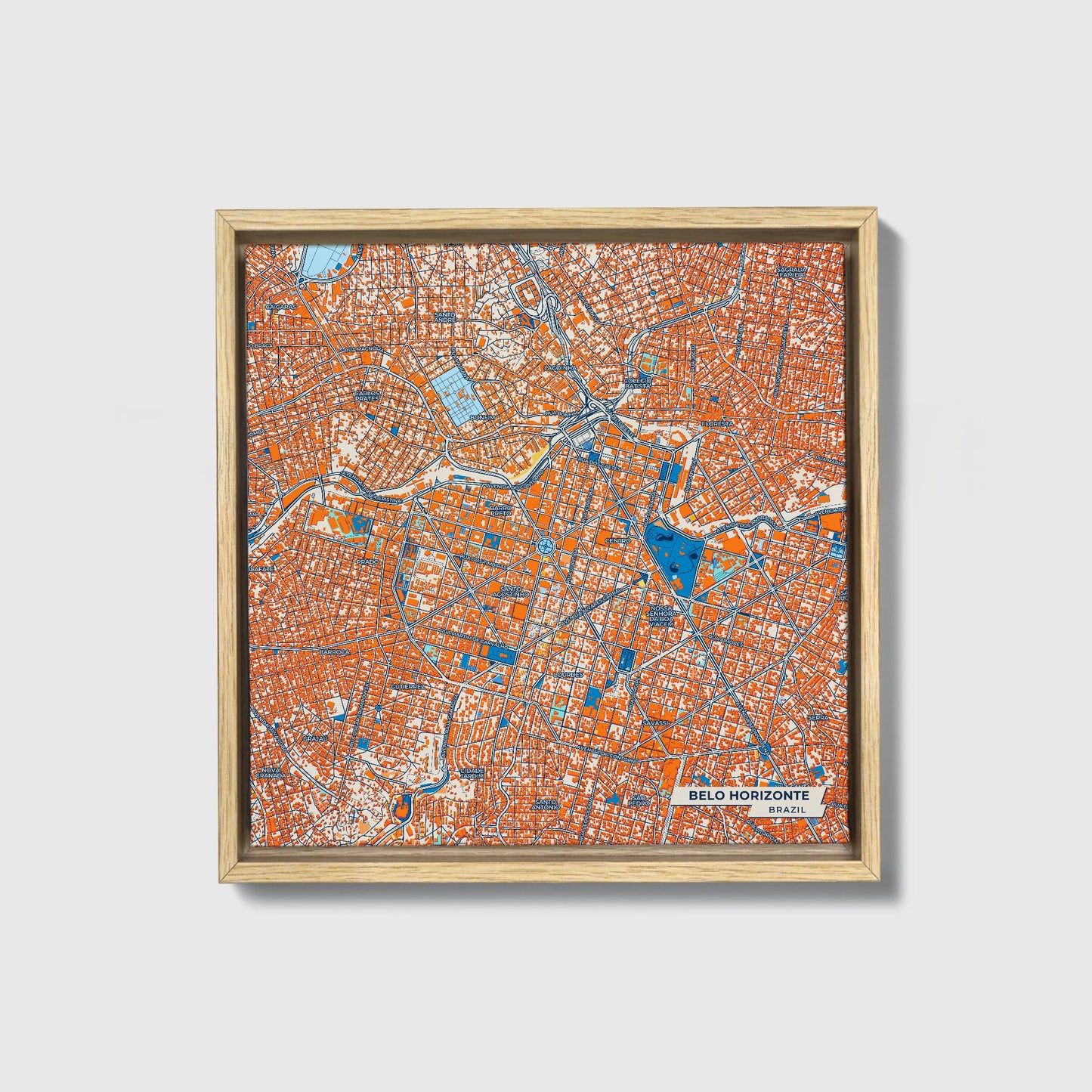 Belo Horizonte Brazil Colorful City Map Canvas Print • Natural Wooden Framed