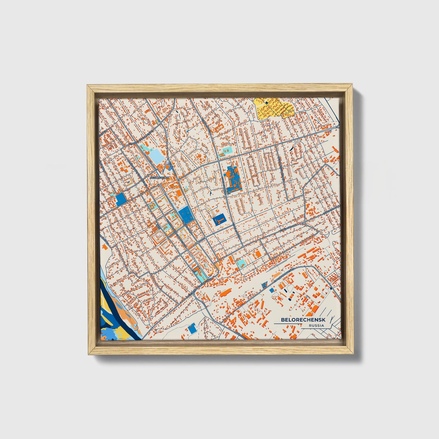 Белореченск Russia Colorful City Map Canvas Print • Natural Wooden Framed